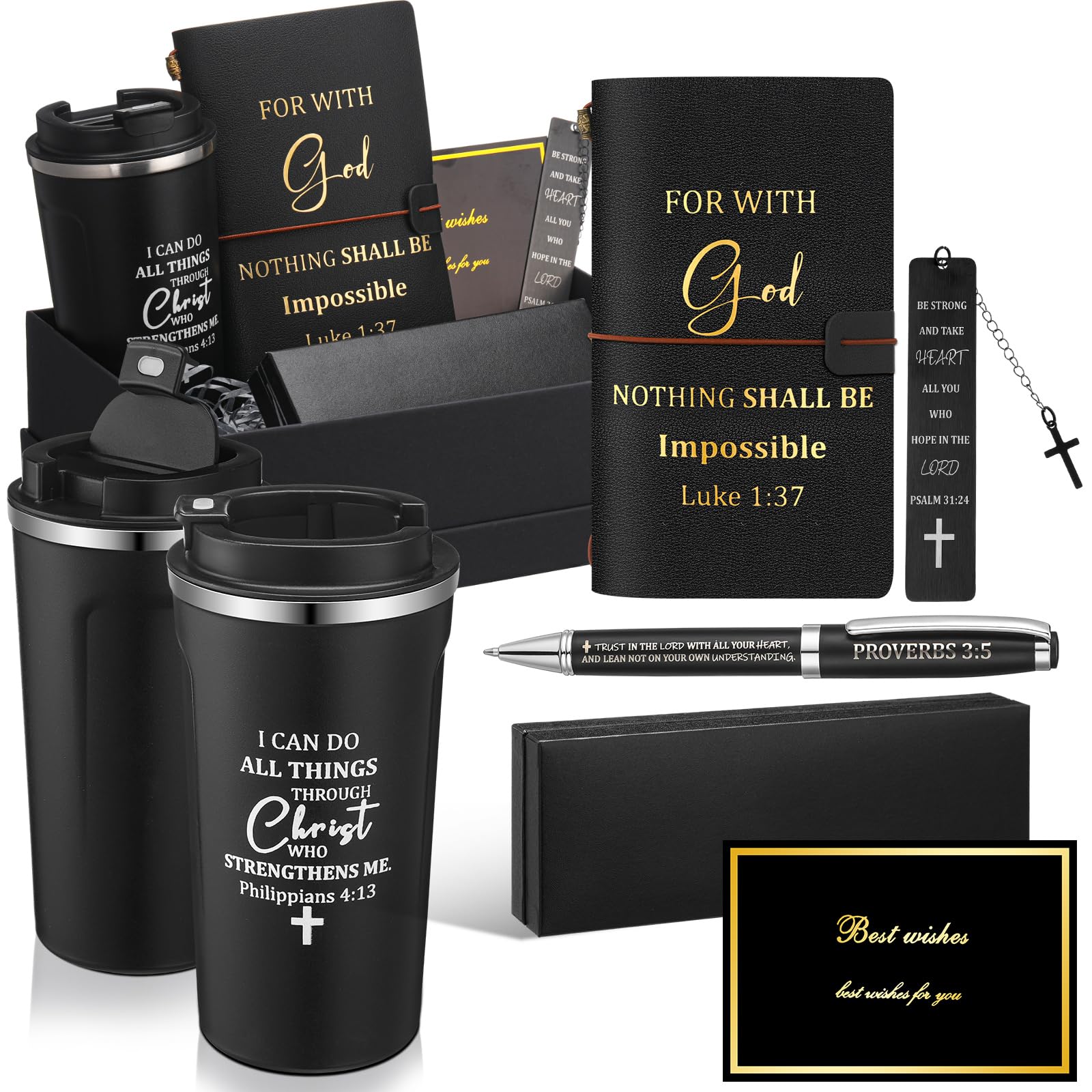 6 Pcs Father's Day Christian Gift Set for Men Inspirational Religious Faith Gift with 17oz Tumbler Notebook Bookmark Pen and Greeting Card for Father Dad Husband Grandpa Friends(Black)