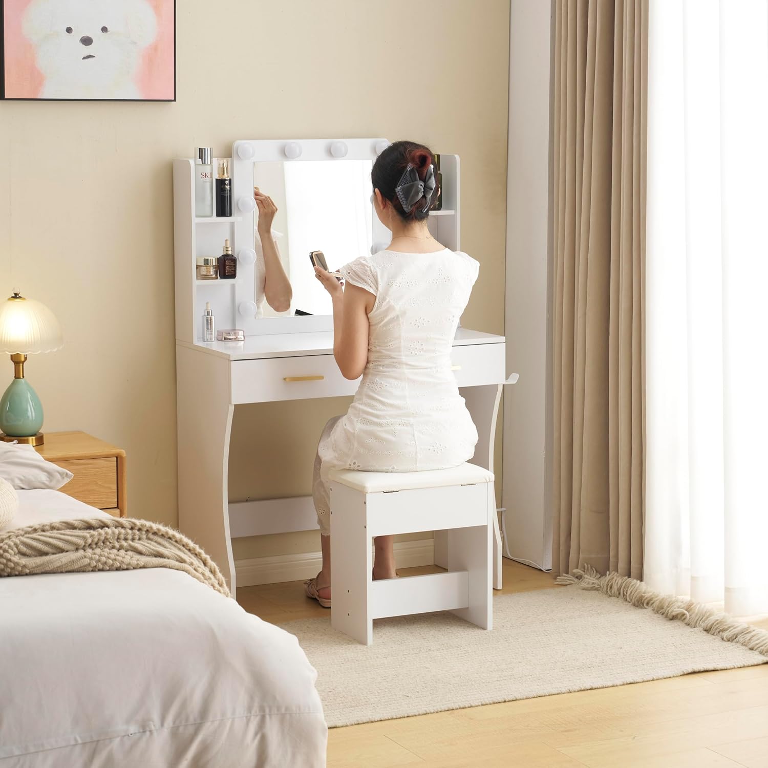 ドレッサー 化粧台 テーブル 鏡台 ライト付き 3色LED ドライヤーホルダー コンセント付き 女優ミラー 引き出し 収納 椅子 セ