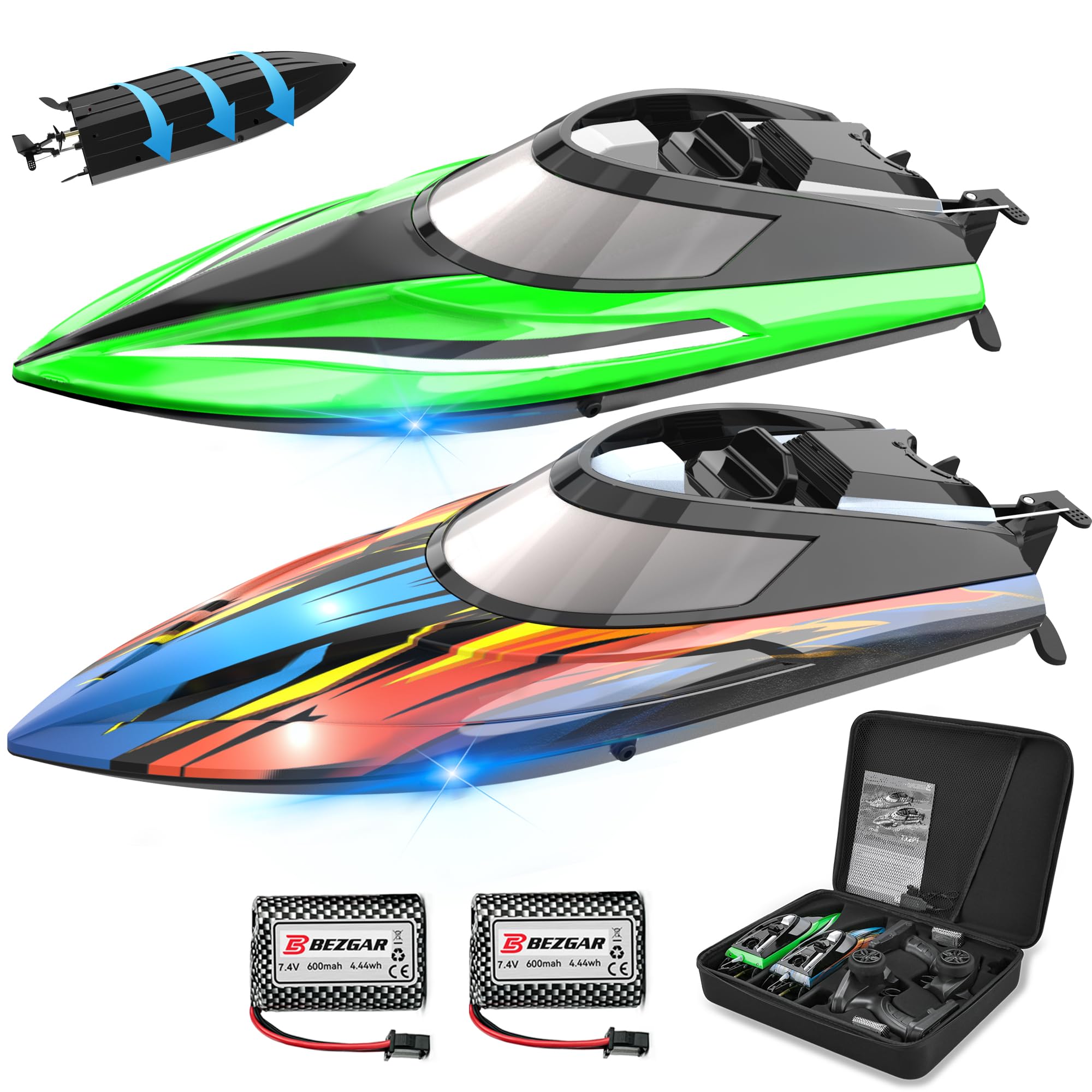 BEZGAR Remote Control Boat, 2 Pack12 inch RC Boat with Case– Auto-Flip, 30 KPH Fast Speed, 8-Shaped Mode & LED Lights – Waterproof Racing Boats for Pools, Lakes, Oceans (Adults & Teens)