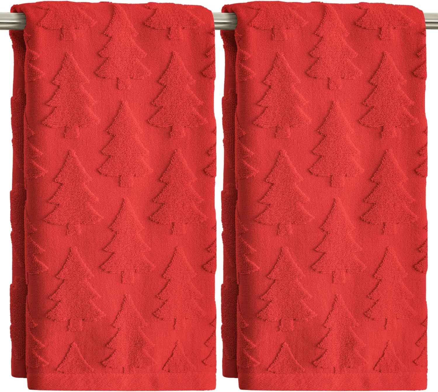 2 Pcs Red 3D Xmas Tree Jacquard Christmas Hand Towels