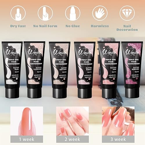 Miniatura 4 de Wenida Kit de gel de extensión de uñas, juego de gel transparente con purpurina para arte de manicura de uñas en casa