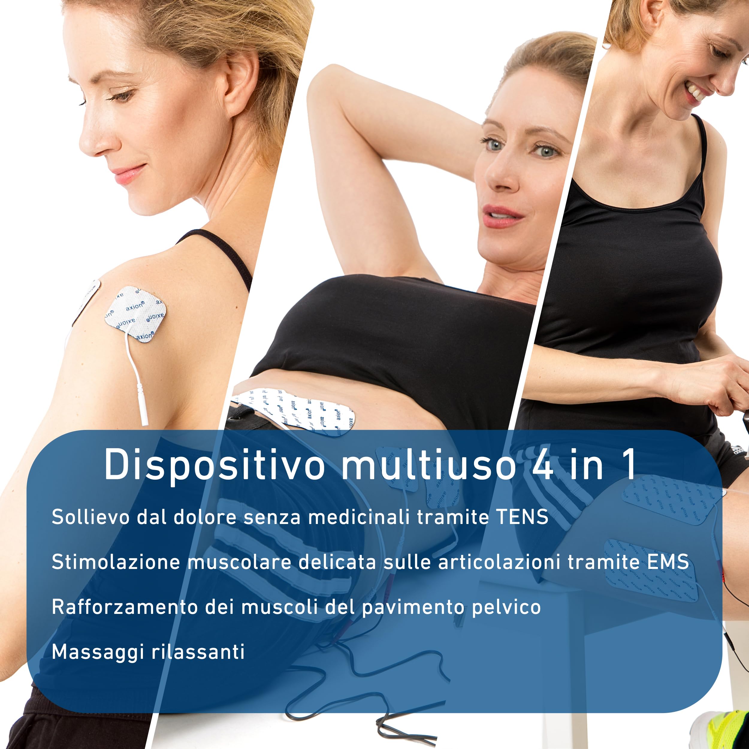 TENS EMS Dispositivo combinato STIM-PRO X9B - 4 canali nel set con 8 pezzi da 5x5cm, 4 pezzi da 10x5cm, elettrodi speciali e spray per contatti - Terapia del dolore, tonificazione muscolare e