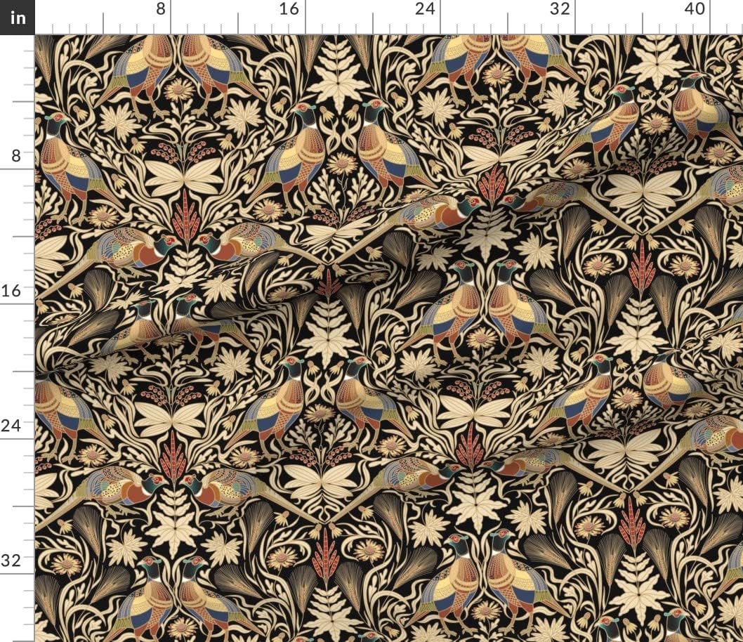 Spoonflower Fabric - Pheasants Birds Botanical Floral Wildlife Black Cream Blue Red Yellow Printed on Petal Signature Cotton Fabric by The Yard - Sewing Quilting Apparel Crafts Decor