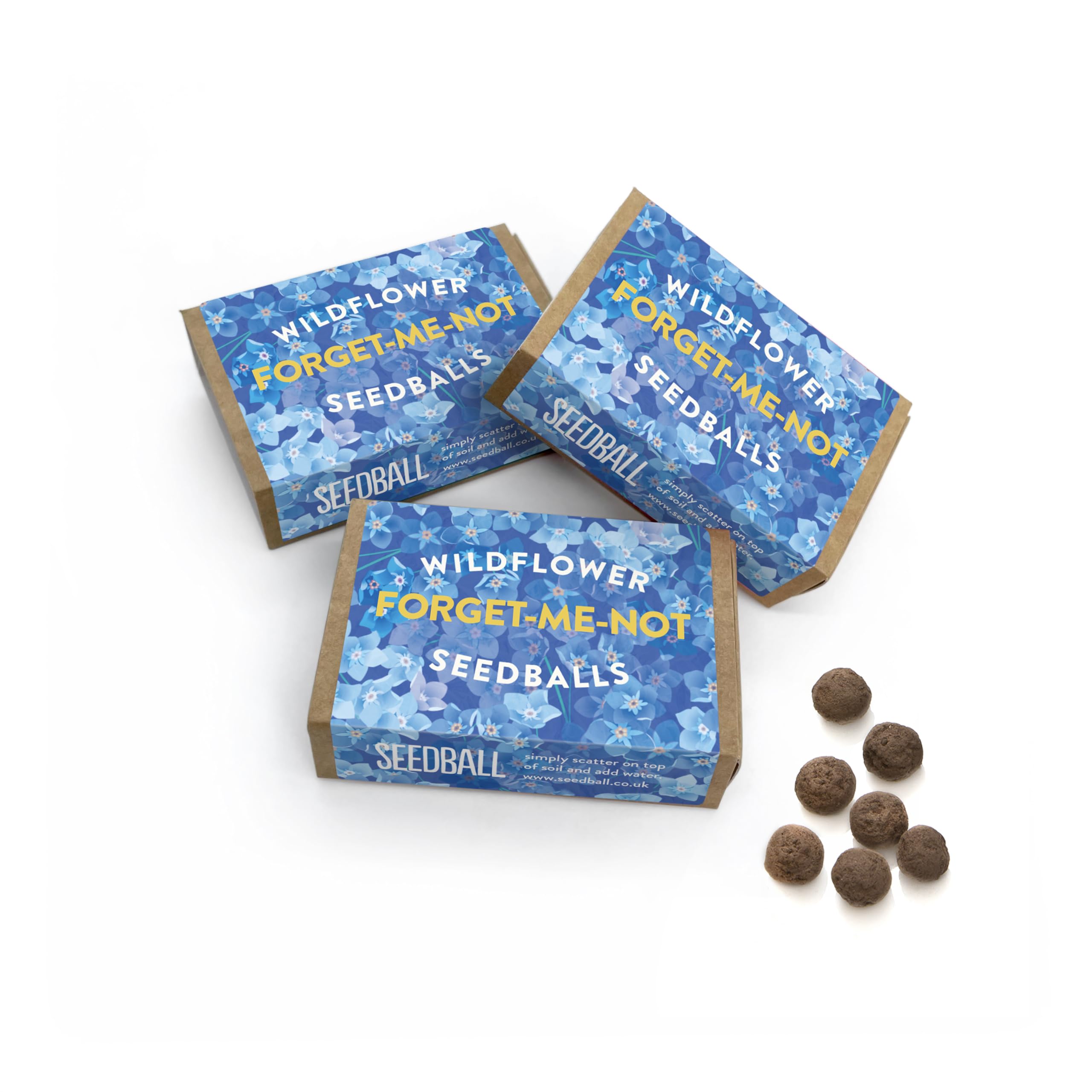SeedballForget-Me-Not Flower Seed Boxes (Pack of 3) Bee & Butterfly Friendly British Wild Flower Seed Balls Greyish Bright Blue Flowers Ideal Seed Bomb Gift for Women, Men & Kids