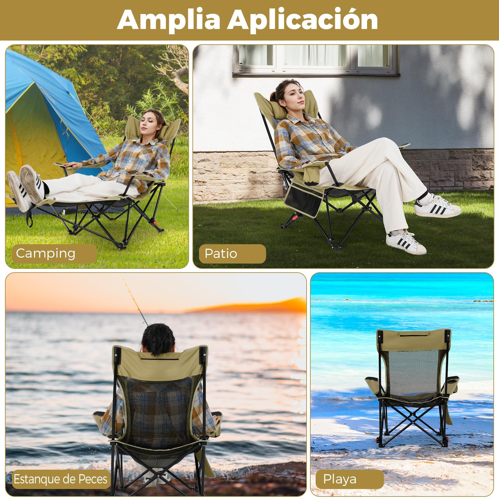 GOPLUS Silla Camping Ligera, 150 kg, Sillas Playa Reclinable de 4 Posisiones con Reposapiés Extraíble y Ajustable, Portavasos, Malla Transpirable y Bolsa de Transporte, Chair de Paseo para Jardín