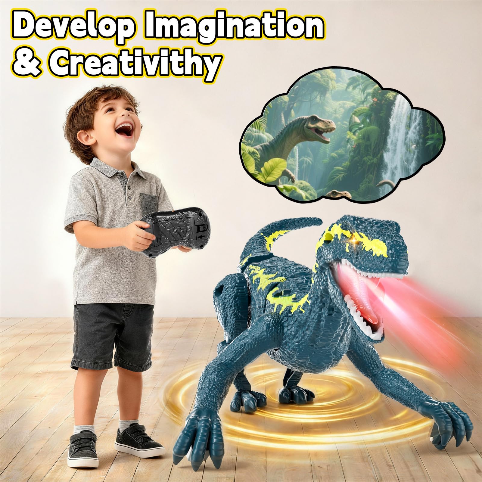 Dinosaurio Teledirigido para Niños 3+, RC Dinosaurio Caminante Recargable 2,4 GHz con Ojos 3D y 3 Sonidos, Juguete Animal Prehistórico Interactivo para Niños y Niñas 3+ (Azul)