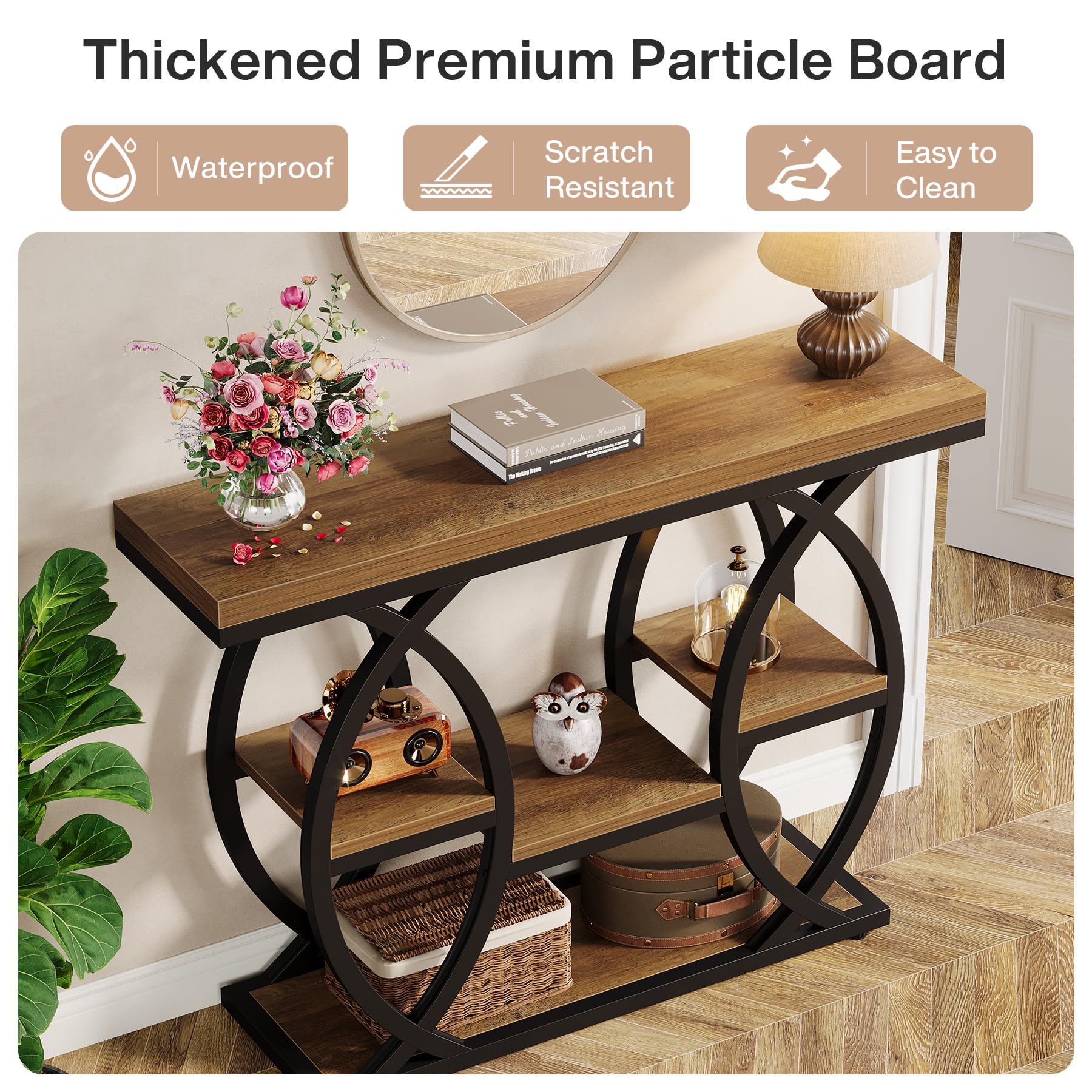 Tribesigns Tavolo consolle da 100 cm, tavolo industriale a 4 livelli con ripiani portaoggetti, tavoli decorativi in legno stretti con telaio in metallo per piccoli spazi, corridoio