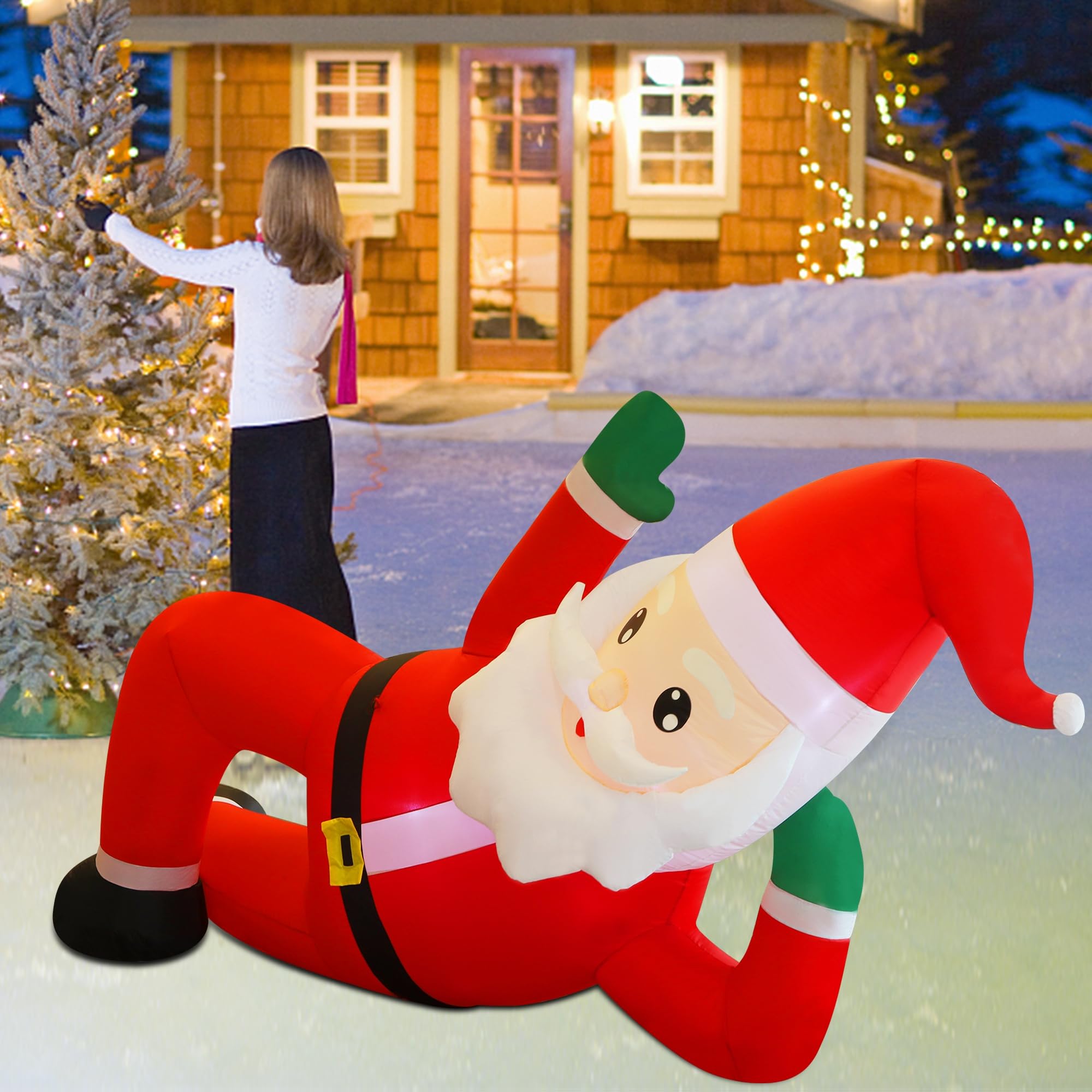 Juegoal Decoraciones inflables de Navidad al aire libre, Papá Noel inflable de 12 pies de largo, Papá Noel gigante iluminado con luces LED integradas, decoración de jardín