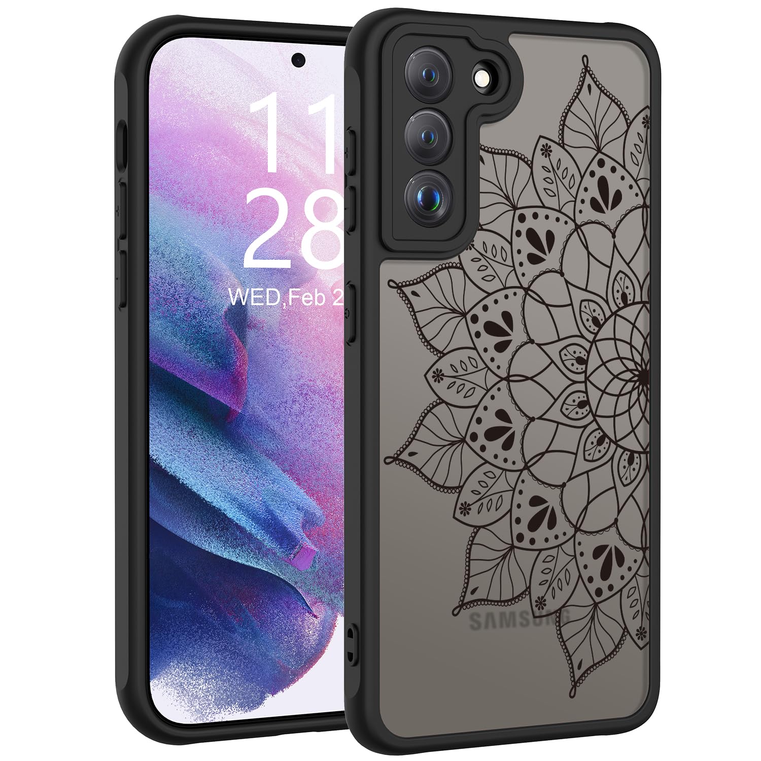 LUMARKE for Samsung Galaxy S22+ Plus Case with Enhanced Camera Lens Protection, Translucent Matte Acrylic Phone Cover - Cute Aesthetic Floral Design for Women Girls - Black Mandala