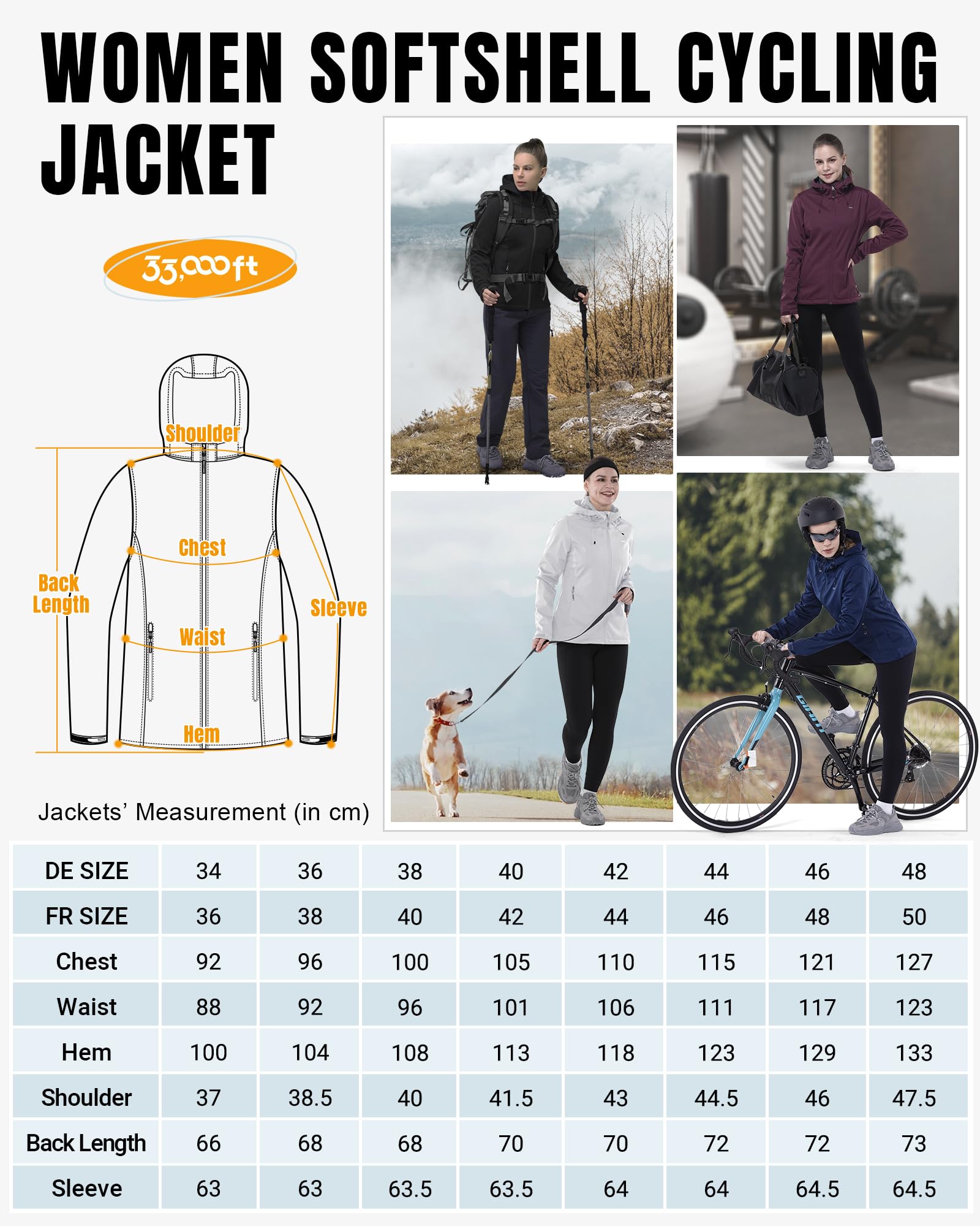 33,000ft Giacca softshell da donna, impermeabile, antivento, traspirante, da corsa, leggera, con cappuccio, per corsa, ciclismo, escursionismo, primavera, autunno