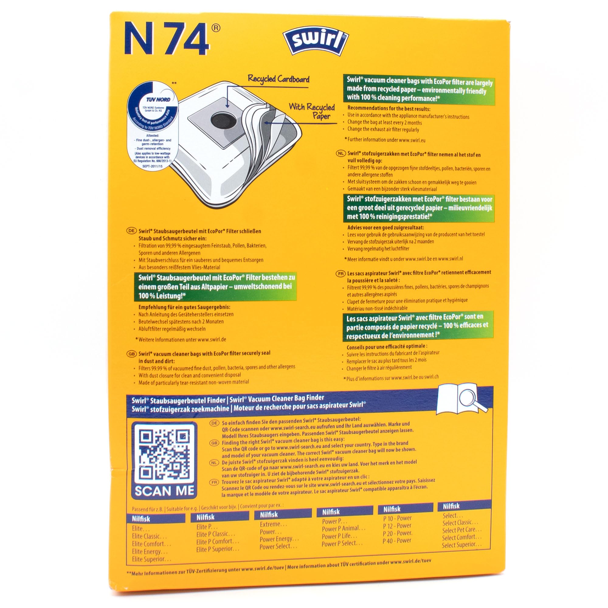 PakTrade 8 Sacs D'aspirateur + Billes Déodorantes Compatible avec Nilfisk Select Comfort Parquet Berry | Compatible avec Swirl N74 - N 74 | 8 Sacs, Désodorisant, Accessoires, Pièces Détachées