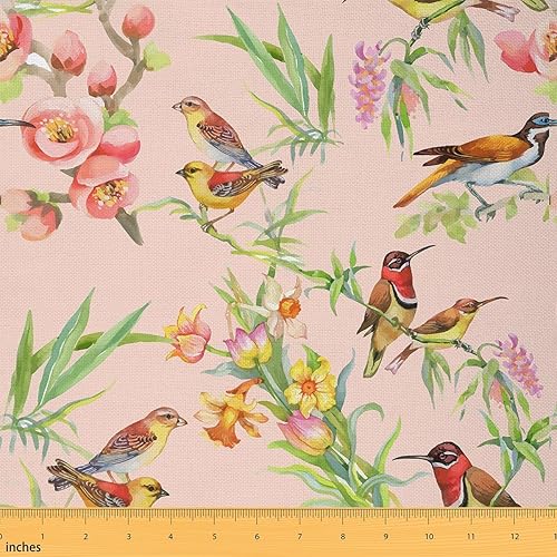 The Yard - Tela de pájaros de acuarela por yarda, flores de primavera, tela impermeable para exteriores, tela de pájaros exóticos salvajes para