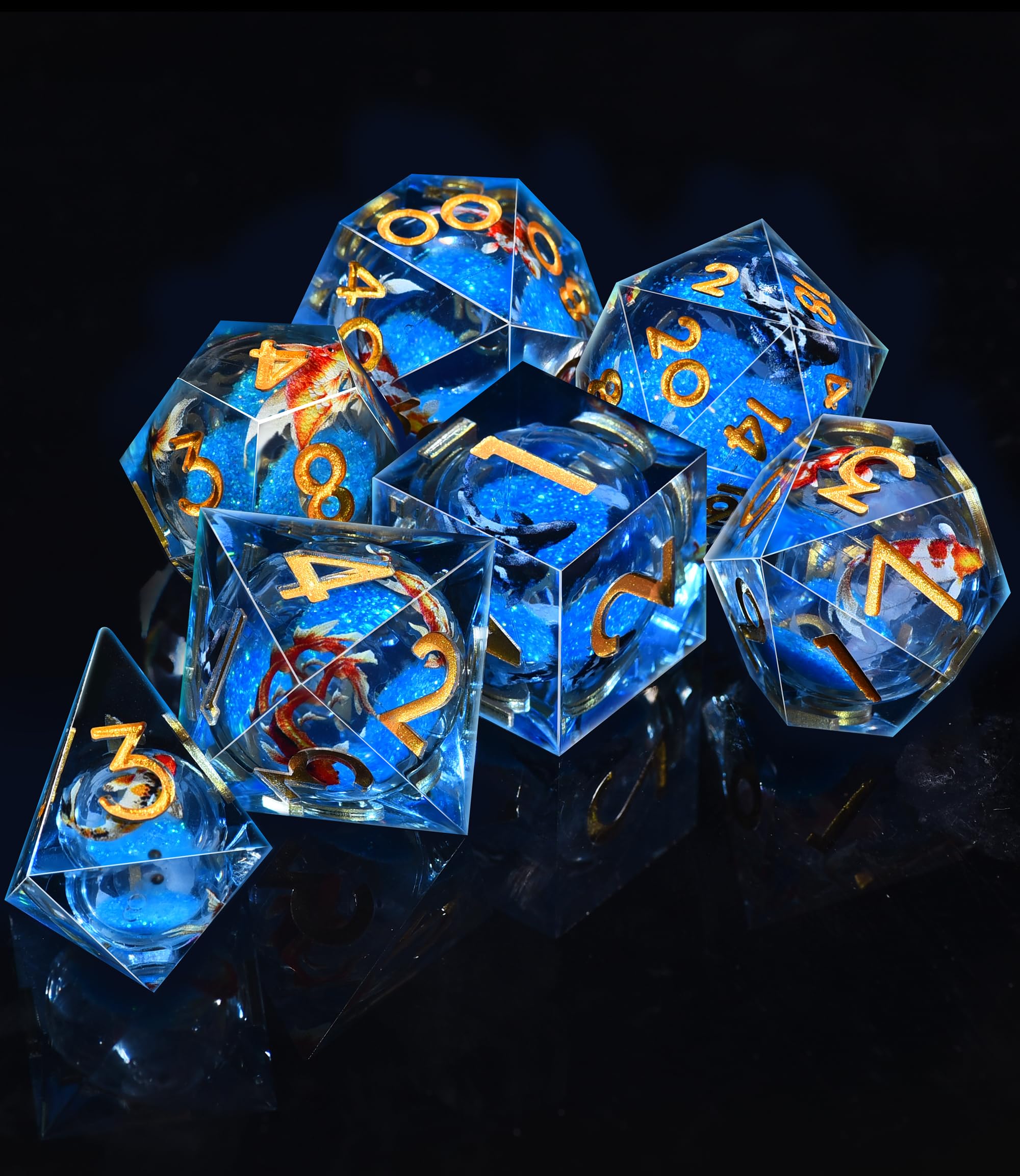 SIQUK 7 Piezas Juego Dados Poliedricos Con Nucleo Liquido Luminosos Dice DND Koi Fish D4 D6 D8 D10 D12 D20 D% para RPG MTG Dungeons and Dragons