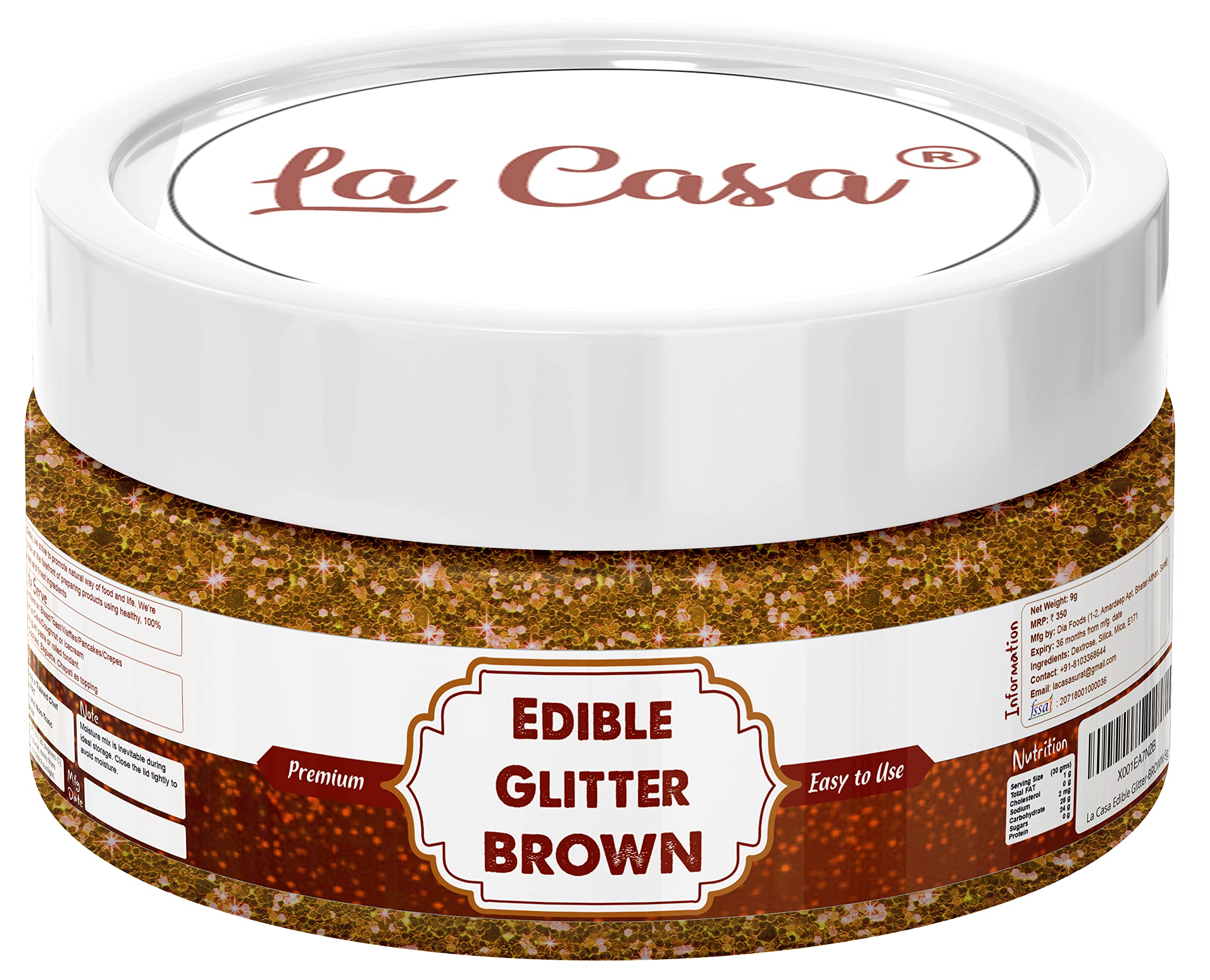 La Casa Premium Edible Glitter - BROWN | Metallic Glitter Ideal for Cake Icing Decoration & Garnishing | 9g |