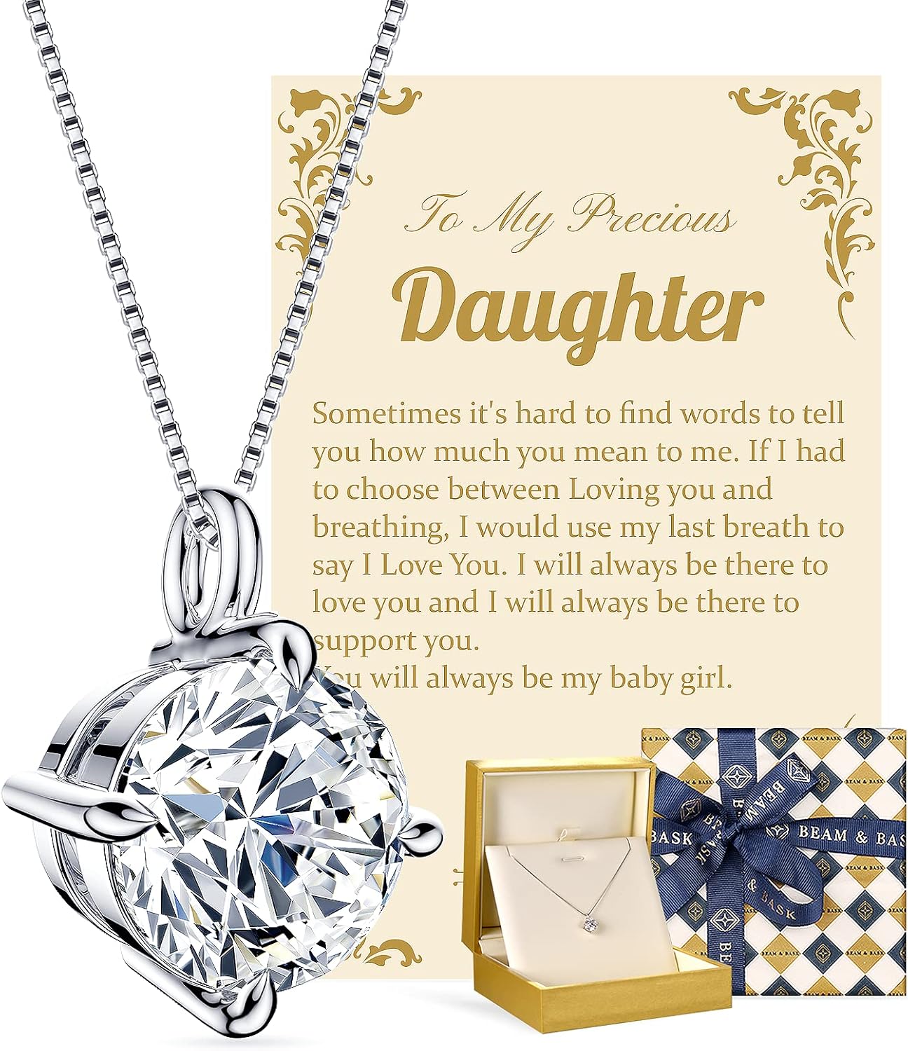 Beam & Bask Adult Daughter Necklace from Mom Dad, Birthday Wedding Graduation Pendant for Daughter from Mother Father, Silver Moissanite Jewelry for Her