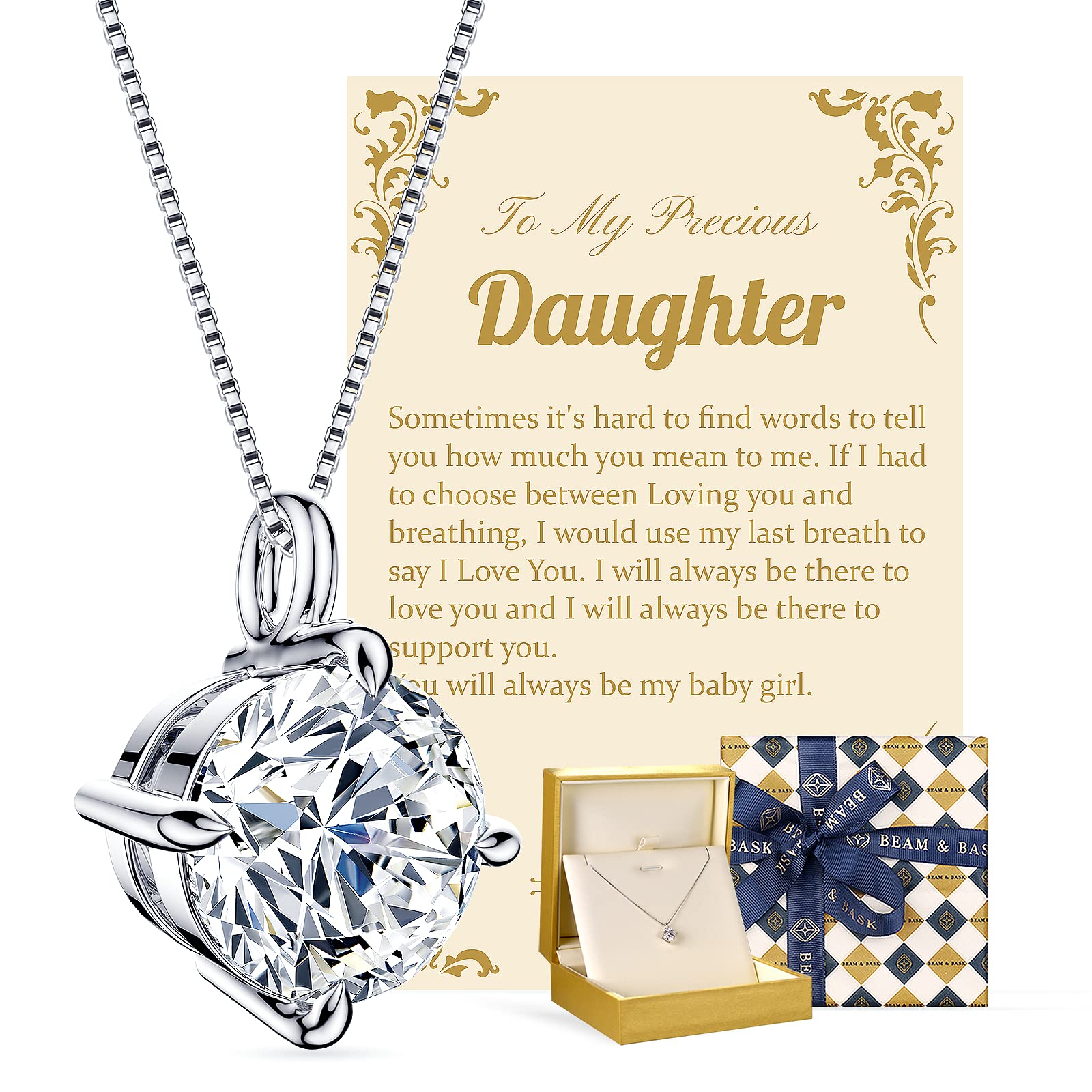 Beam & Bask Adult Daughter Necklace from Mom Dad, Birthday Wedding Graduation Pendant for Daughter from Mother Father, Silver Moissanite Jewelry for Her 2 Carat