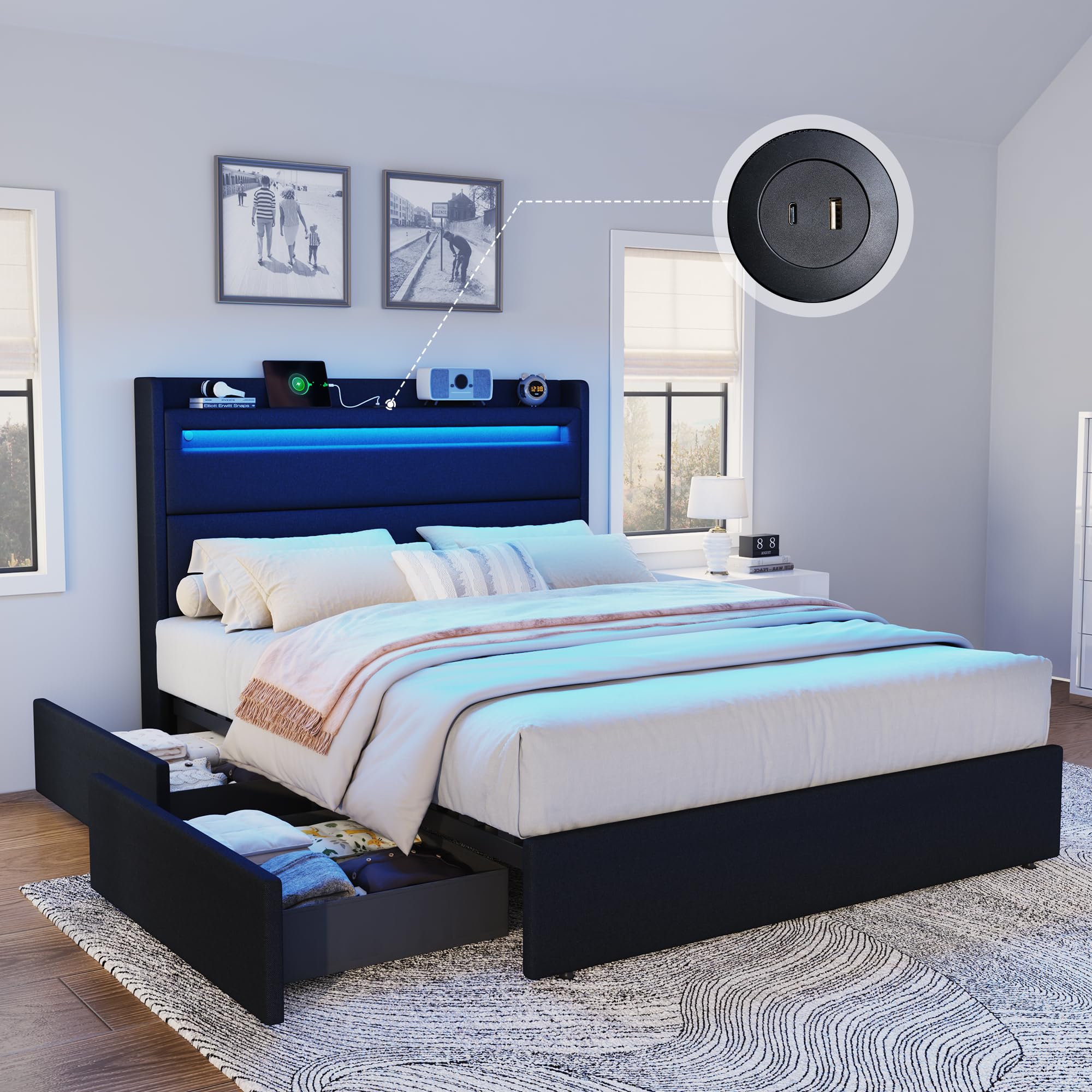 AMERLIFE Queen Size Upholstered Platform Bed Frame with RGBW LED Storage Headboard, 4 Foldable Storage Drawers & Charging Station, Soft Linen Fabric,