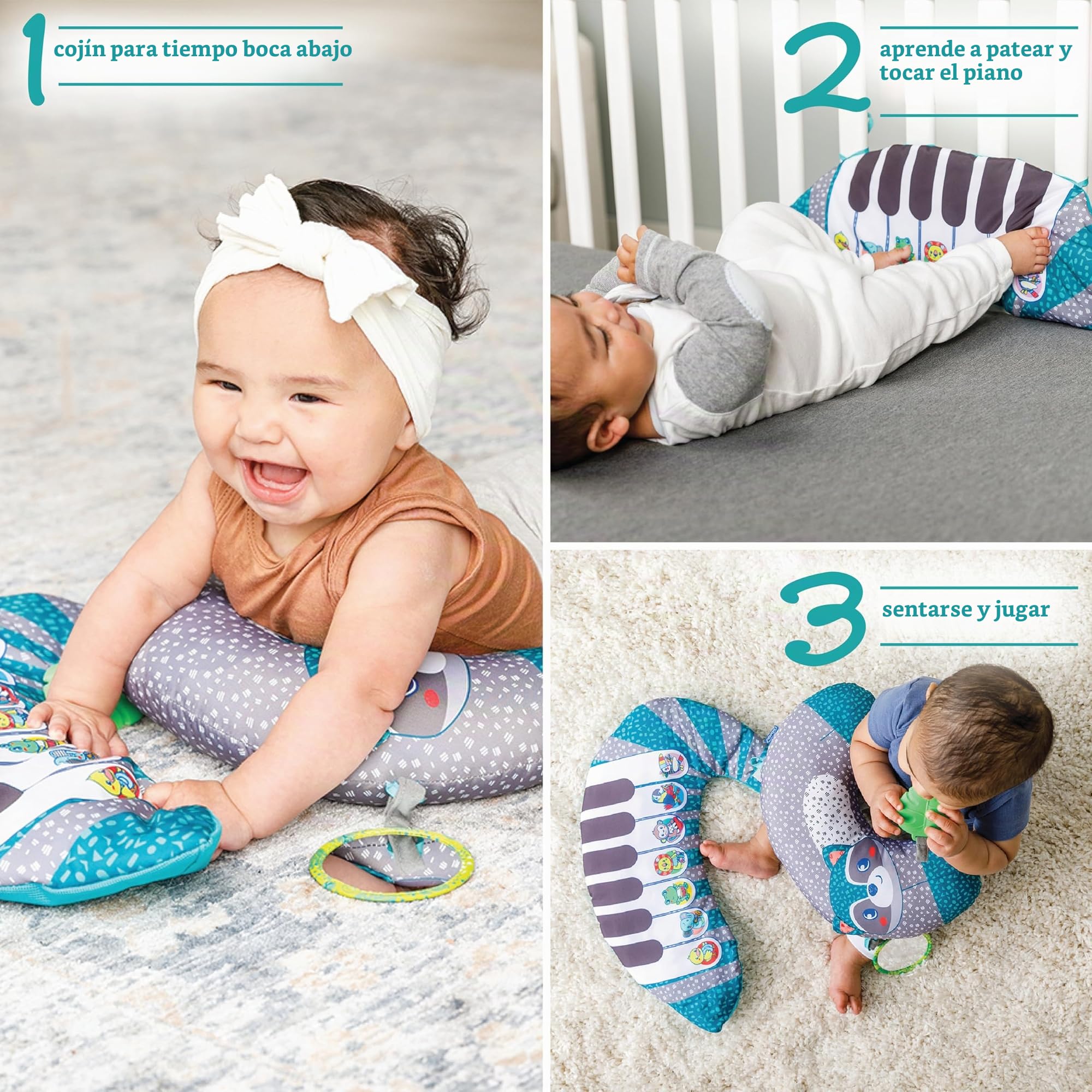 Infantino Cojín y Piano 3 en 1 - para la estimulación del bebé, 3 Modos de Juegos, 2 Juguetes, Ejercicios para Cuello y Cabeza, con una temática de Mapache y cómodo para el bebé