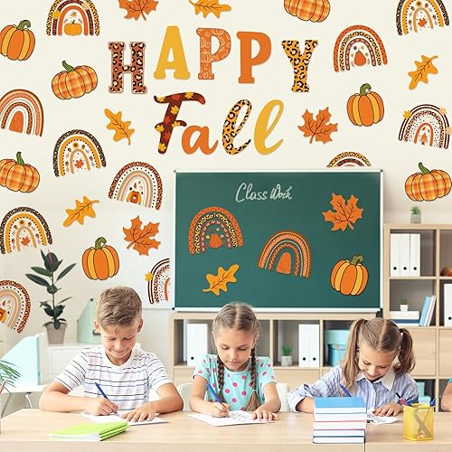 Miniatura 7 de 52 recortes bohemios de otoño con diseño de hojas de arce y calabaza, arco iris, con punta de pegamento, estampado de leopardo retro de otoño, papel