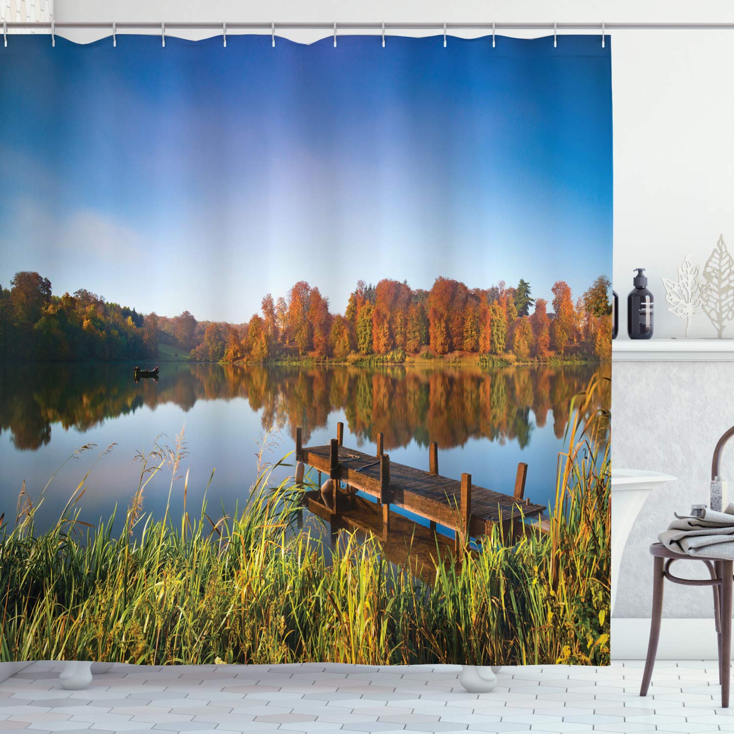 (180cm W By 180cm L, Multi 12) - Scenery Decor Shower Curtain by Ambesonne, Lake View Fishing Countryside Themed with Trees and Long Reeds Art Photo , Fabric Bathroom Decor Set with Hooks, 180cm , ...
