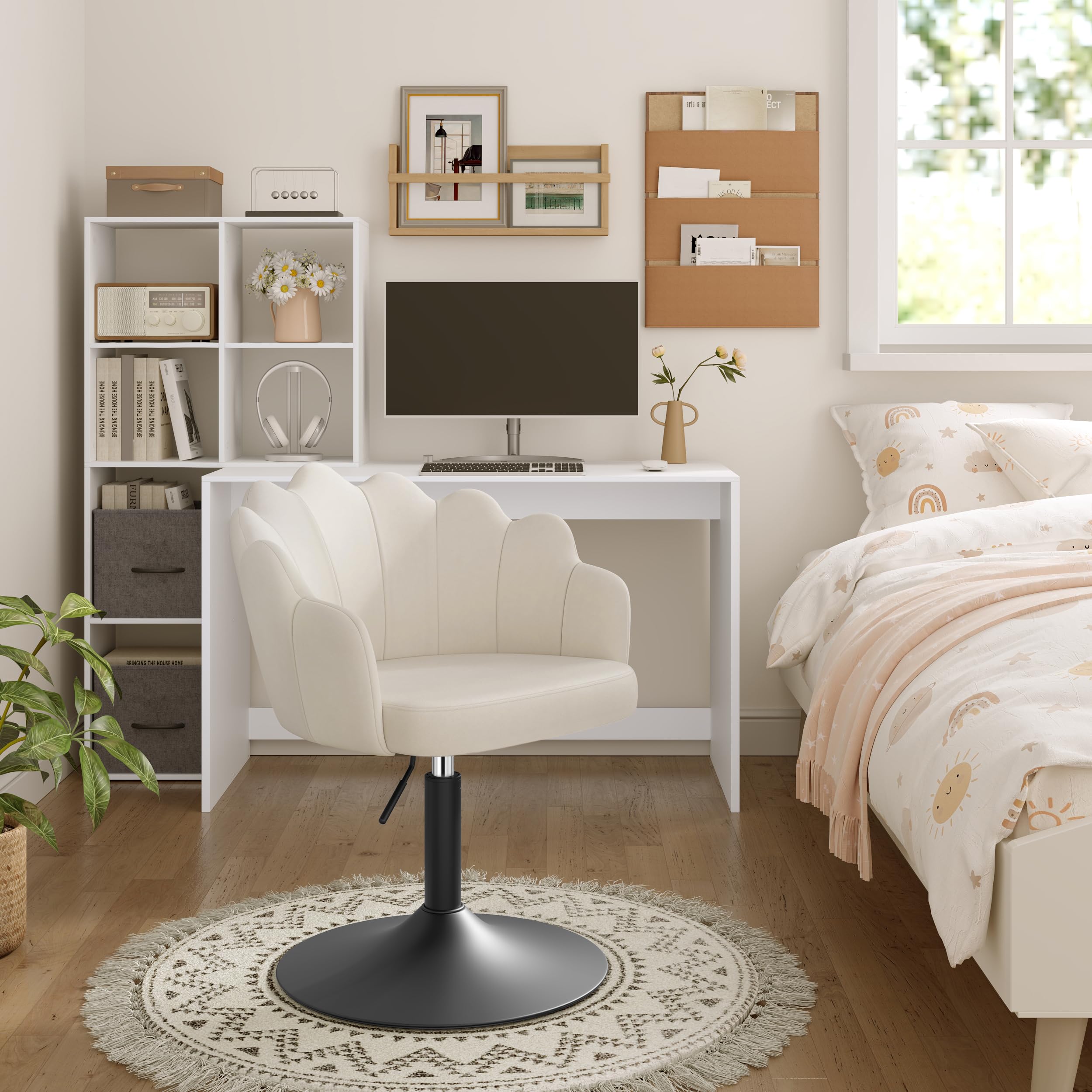 WOLTU Chaise de Coiffeuse, Fauteuil Pivotant en Velours, Fautauil de Maquillage Réglable en Hauteur, Dossier Pétale, pour Salon, Salle à Manger, Chambre à Coucher, Crème