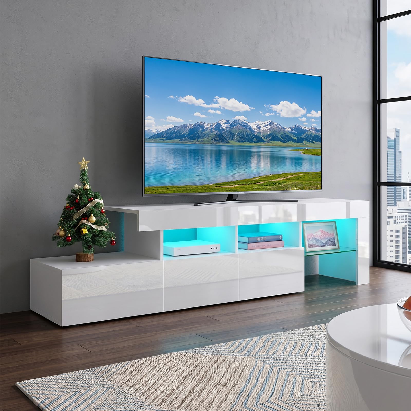 TV Cabinet for Living Room with 16-Colour LED Lights, White Gloss TV Unit