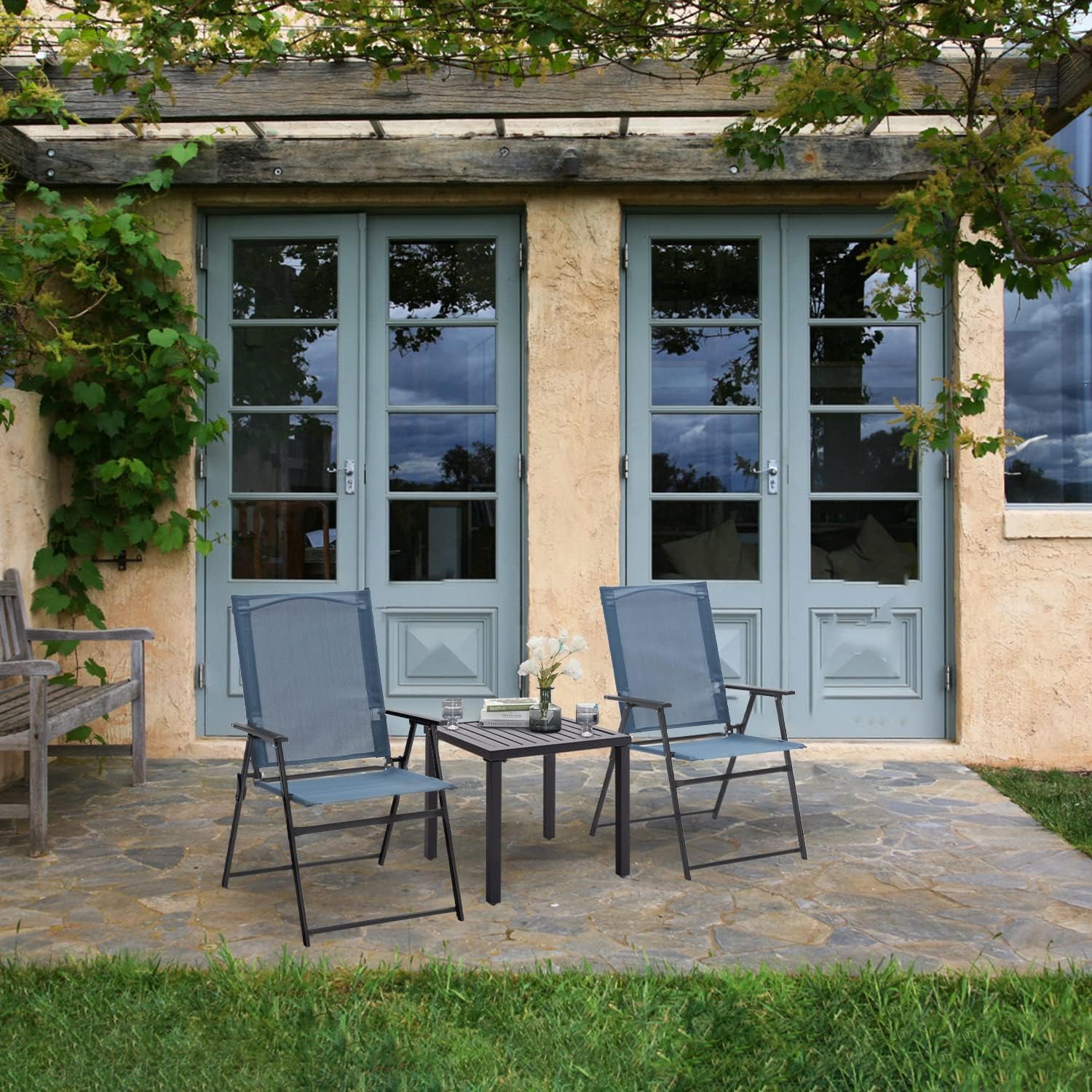 VICLLAX 3 Pieces Folding Textilene Bistro Set, Patio Outdoor Furniture Conversation Sets with Lawn Chairs and Coffee Side Table, Dark Blue