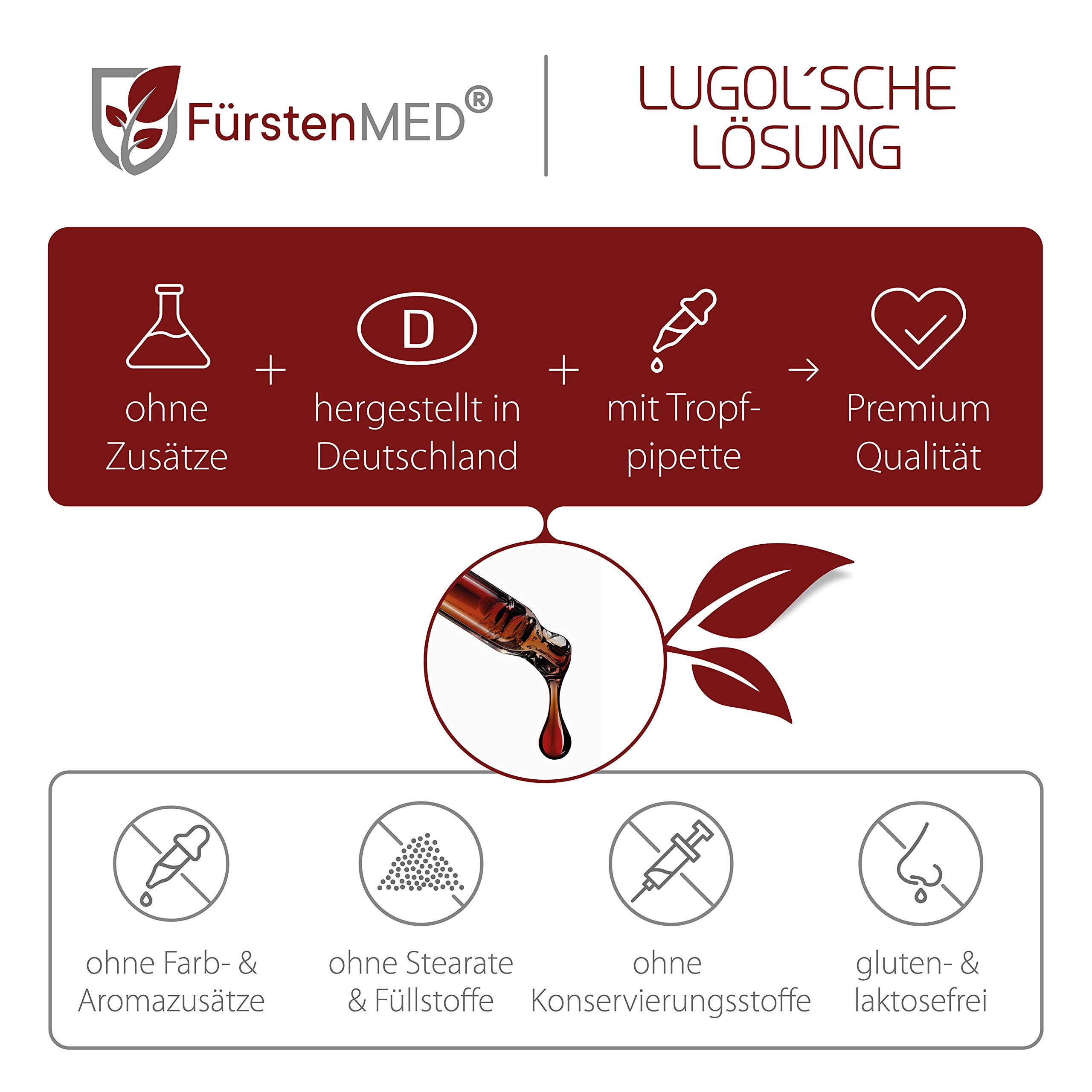 FürstenMED® Lugolsche Lösung 5% Jodlösung, 100 ml (Iodine) Jod Tropfen in lichtgeschützter Braunglasflasche mit Tropfpipette - 5 Prozent Jod flüssig & Ohne unerwünschte Zusatzstoffe