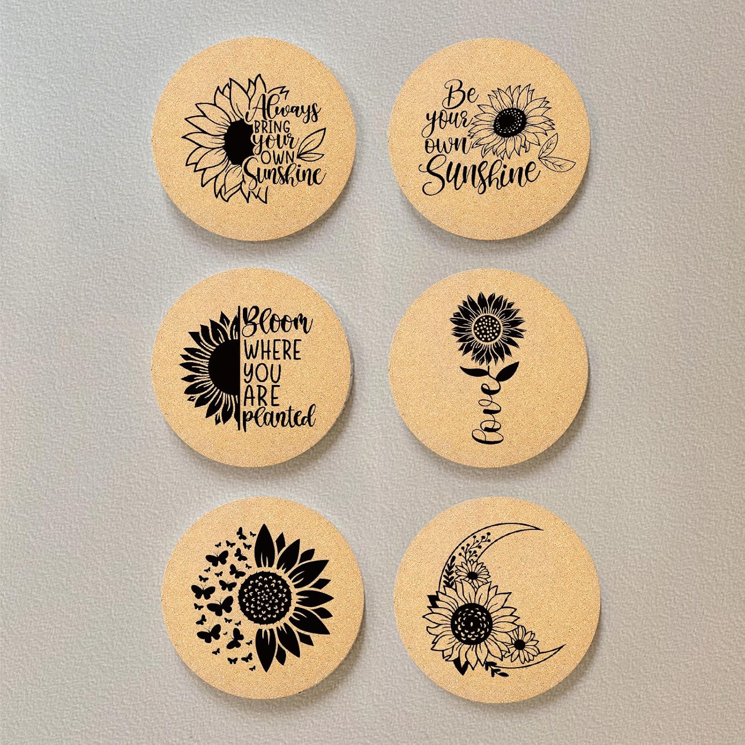 Coasters for Drinks with Holder Set of 6, Sunflower Absorbent Cork Wood Coaster for House Warming Gifts New Home Couples for Cup Desk Table Office Kitchen Decor, Round 4" - Image 3