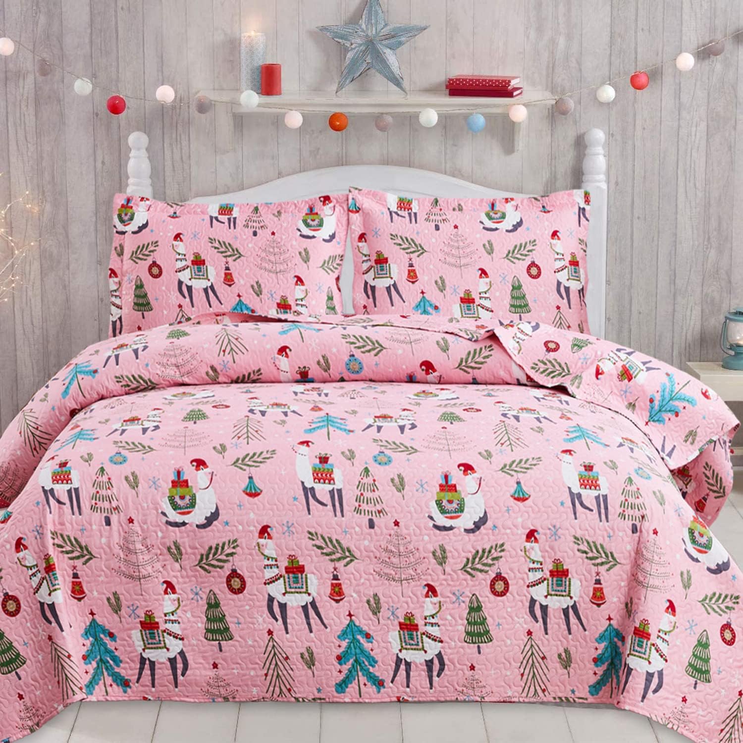 Christmas Quilt Set Queen/Full Size,3 Pieces Reversible Kids Girls Bedding Coverlet Set Lightweight Xmas Pink Alpaca Pine Tree Bedspread Set (Includes 1 Quilt,2 Shams)