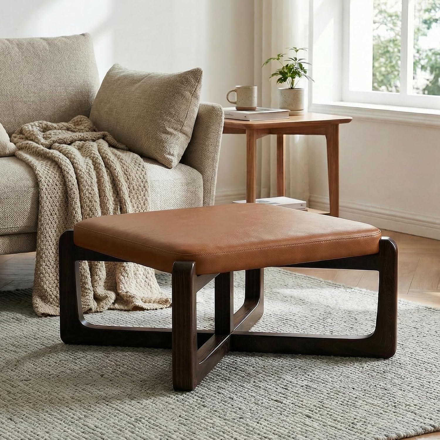 Faux Leather Square Coffee Table Ottoman,24" Coffee Table for Living Room Ottoman,Ash Wood Living Room Table,Small Footstool (Brown)