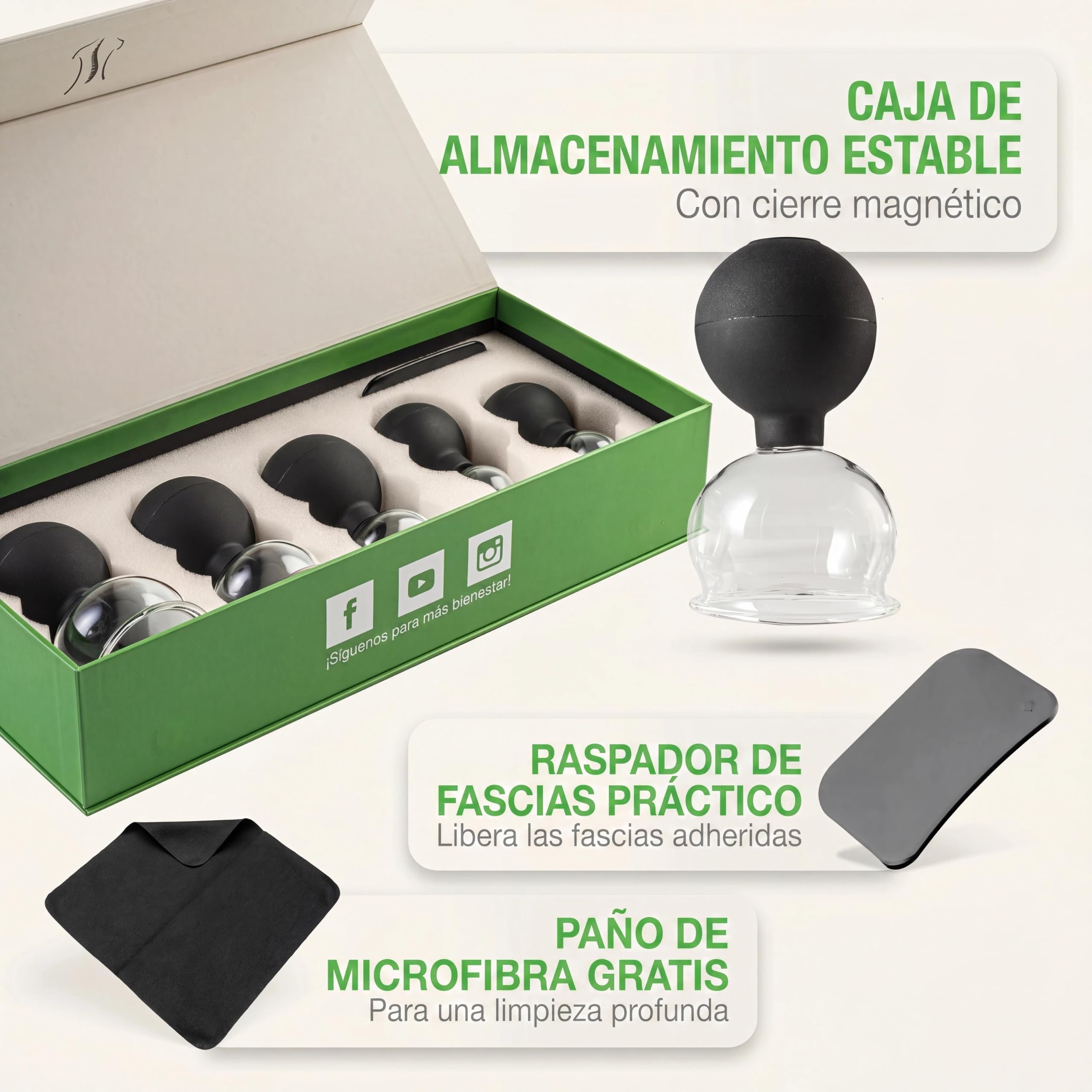BACKLAXX ® Juego de Ventosas de Vidrio con Bola de Succión de Silicona y Raspador de Fascia | Ventosas-Masaje | Ventosa Celulitis | Ventosas-Faciales Antiedad | 5 unidades
