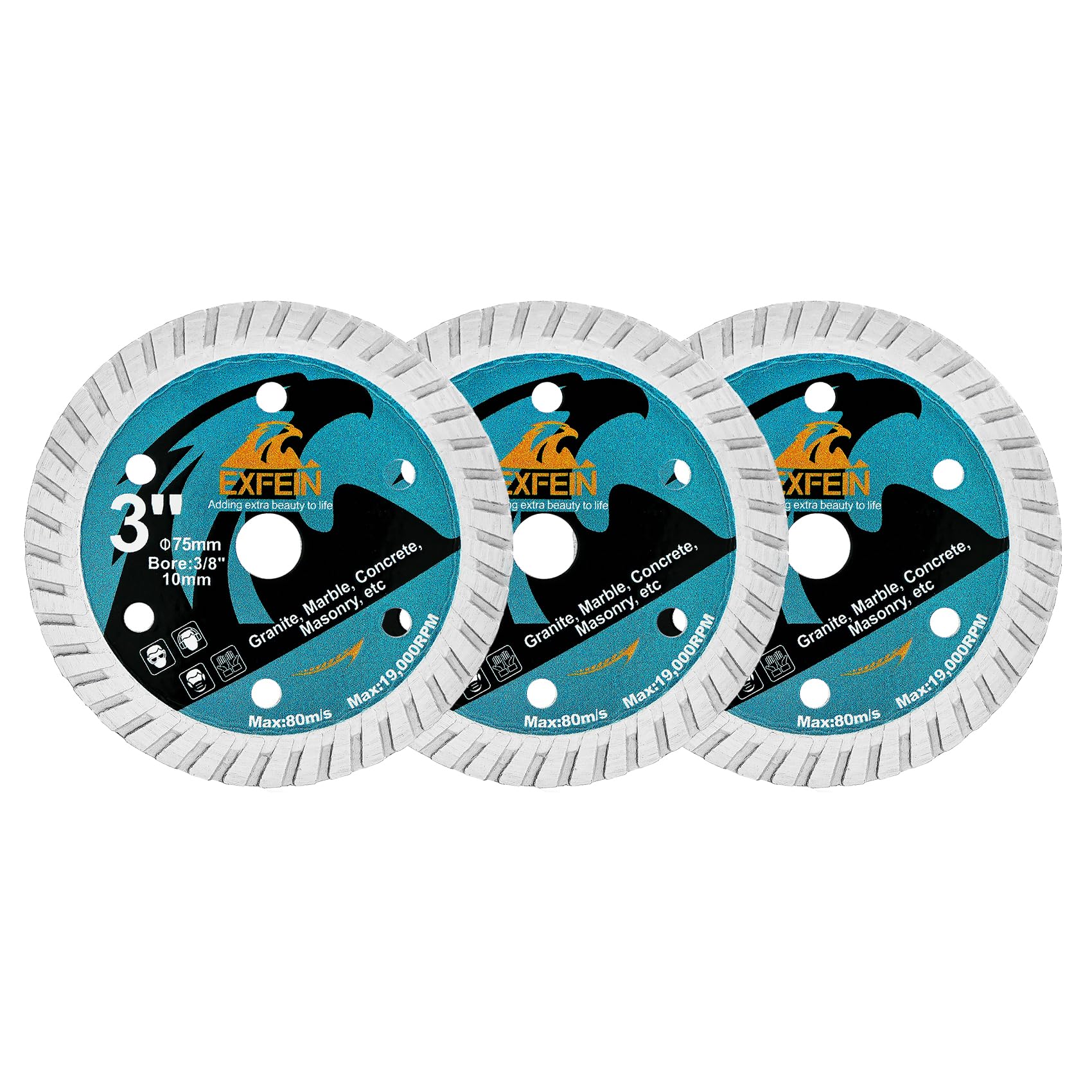EXFEIN Diamond Disc 3" x 3/8" 3pcs Arbor for Granite, Hard Concrete,Hard Artificial Stone,Natural Stones Diamond Cutting Disc