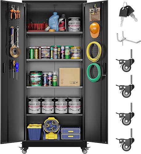 Miniatura 16 de Armario de almacenamiento de metal con tablero de clavijas de 31.5 x 31.5 x 16.5 pulgadas, armario de almacenamiento de acero con cerradura con 5