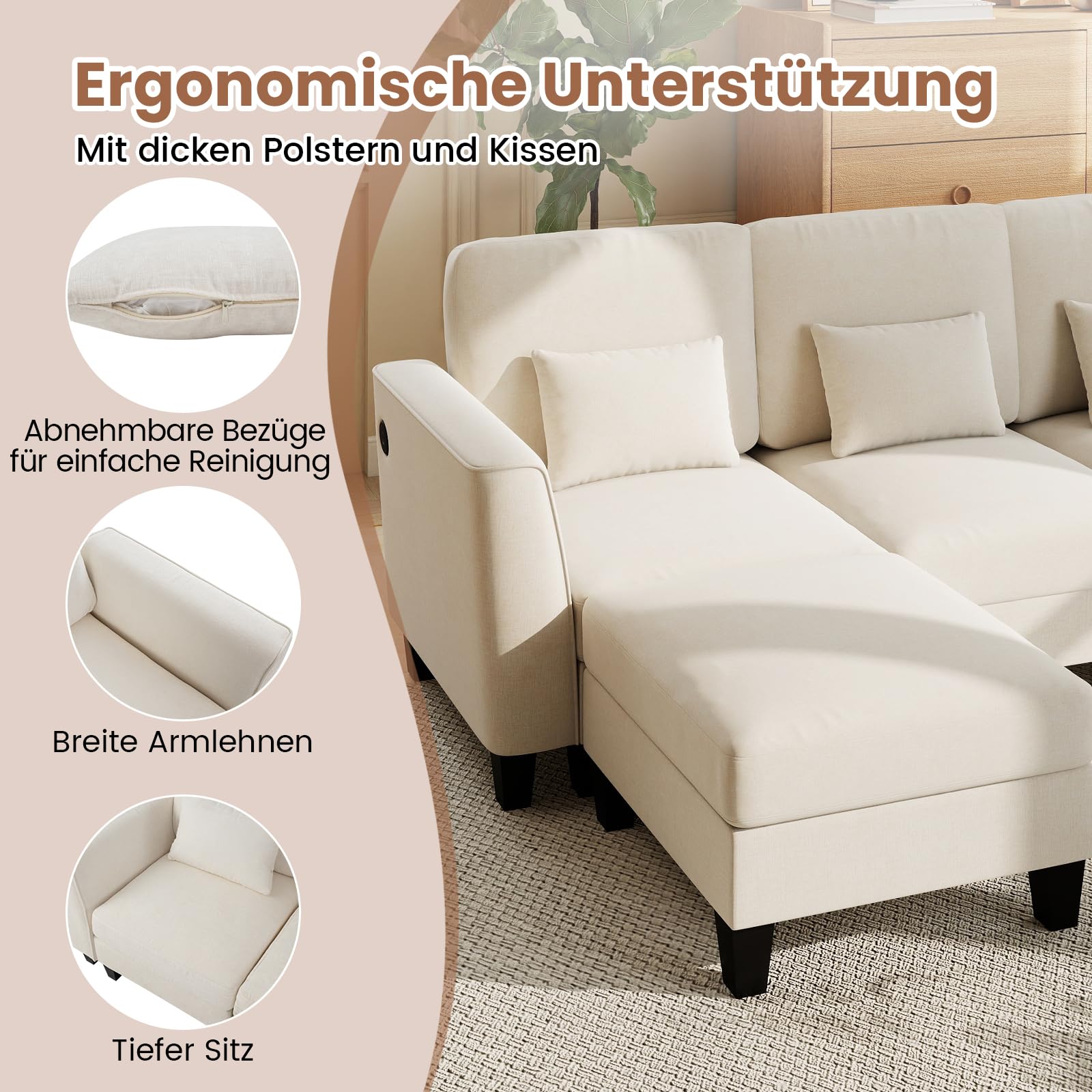 COSTWAY Sofa narożna 280 cm z 2 podnóżkami i 4 poduszkami, modułowa sofa z funkcją spania, sofa narożna w kształcie litery U z portami ładowania USB i portem ładowania typu C, 4-osobowa sofa do salonu