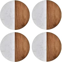 I-LAN 4-Pack Marble and Acacia Wood Coasters, 4-Inch Round Natural Wood Drink Coaster Set for Modern Coffee Table, Bar & Office, Furniture Safe & Stylish Gift Set