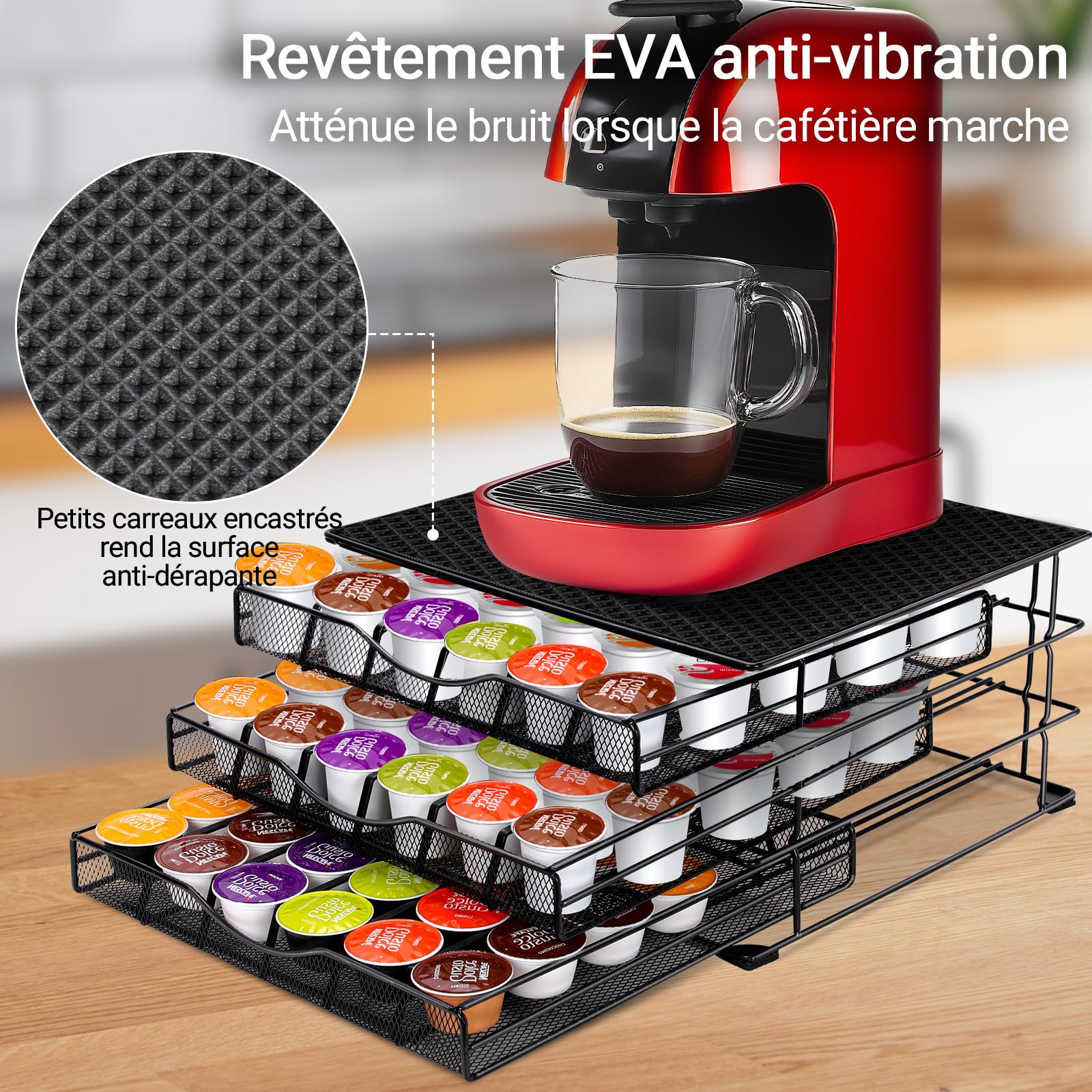 MASTERTOP Tiroir à Capsules pour Dolce Gusto 108 PCs, 3 Tiroirs de Rangement Dosettes avec Support Machine à Café, Distributeur Capsules de Grande Capacité avec Surface Anti-Vibration - Maison, Bureau