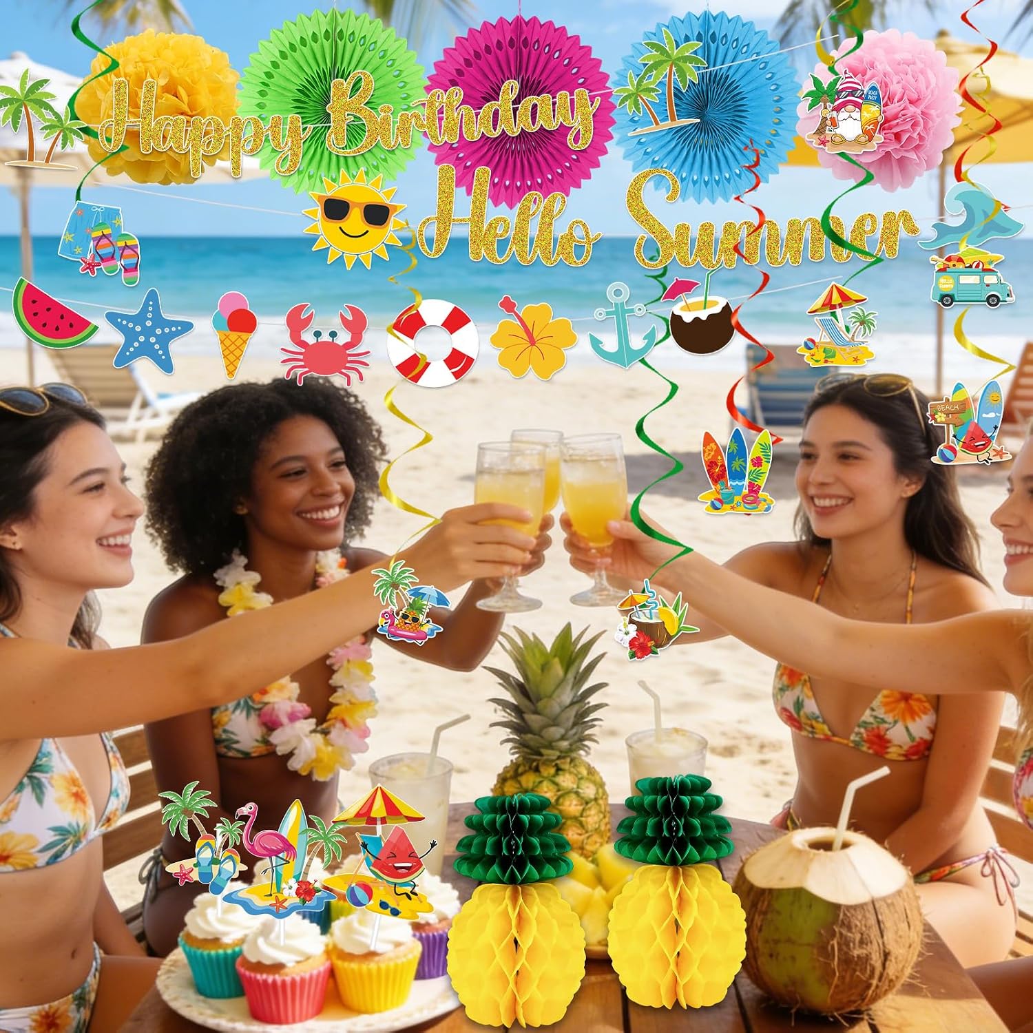 Summer Party Decorations - 43Pcs Hello Summer Banner for Birthday Beach Pool Party Supplies, Tropical Theme Backdrop with Paper Fans, Swirls, Pom Poms, Cake Toppers for Garden Yard Decor