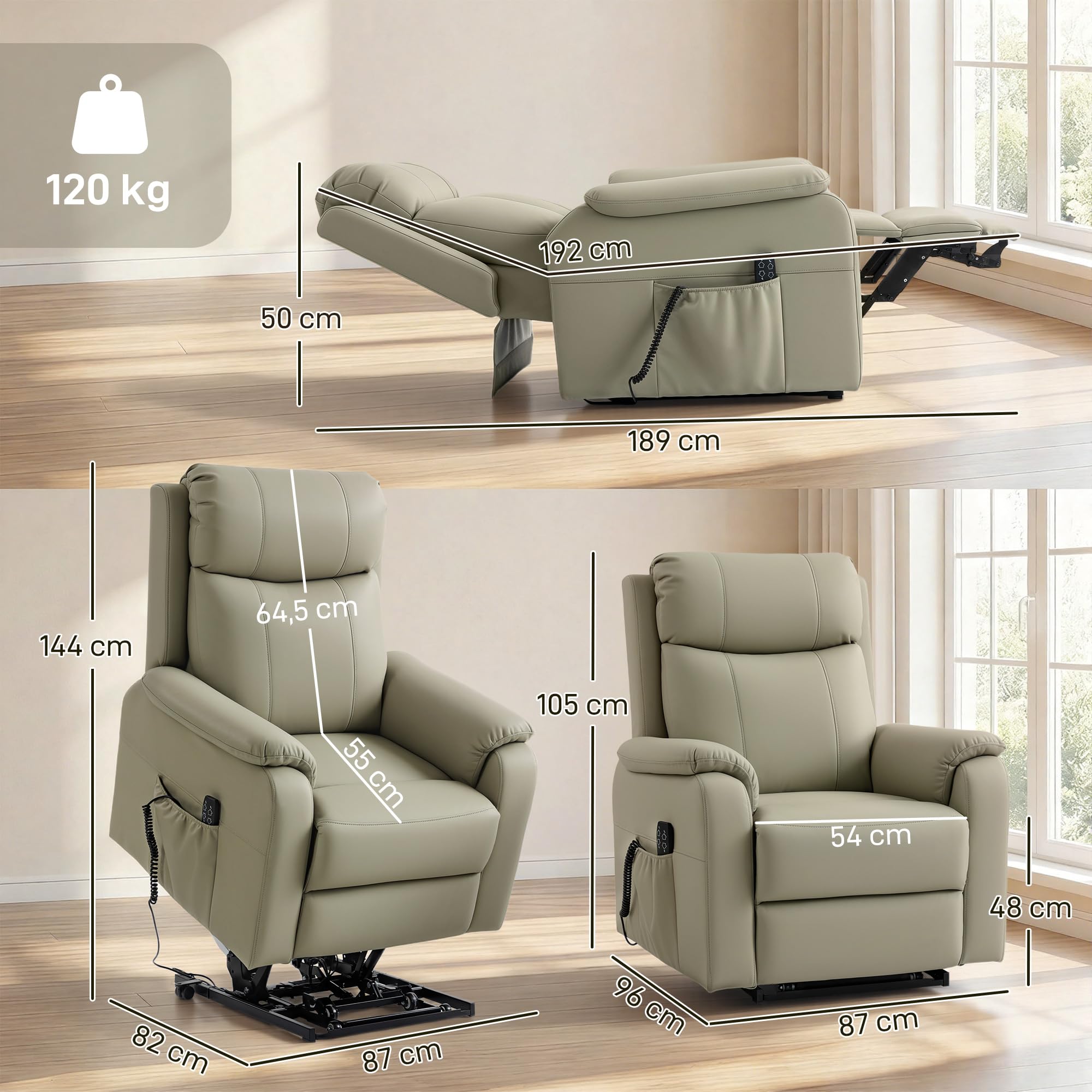 HOMCOM Fauteuil releveur électrique, Fauteuil Relax électrique, Double Moteur, Dossier inclinable, Coussin à Ressorts, Larges accoudoirs, Repose-Pied, roulettes, télécommande, Poches latérales, crème