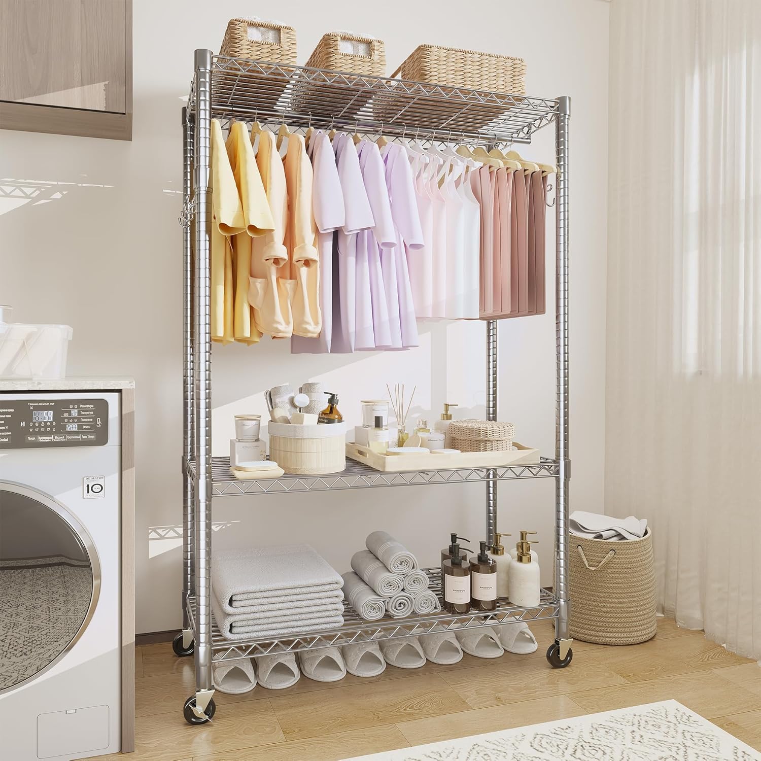 3 Tier Mobile Clothing Rack with Adjustable Shelves and Hanging Bar, Sturdy Metal Garment Organizer with Wheels for Bedroom, Closet, Dorm, or Laundry Room