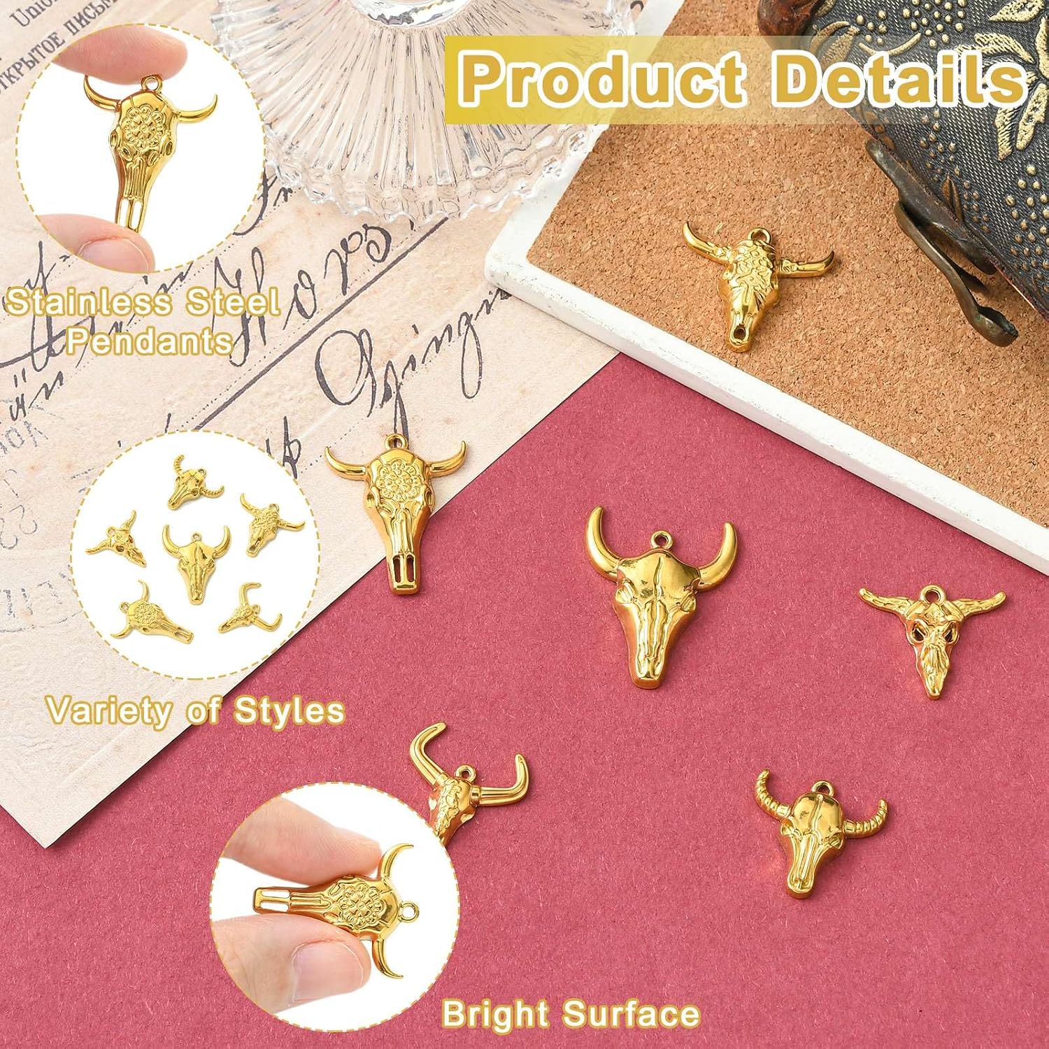 KitBeads 6Pcs Golden Western Cow Charms Stainless Steel Cow Head Charm image 3
