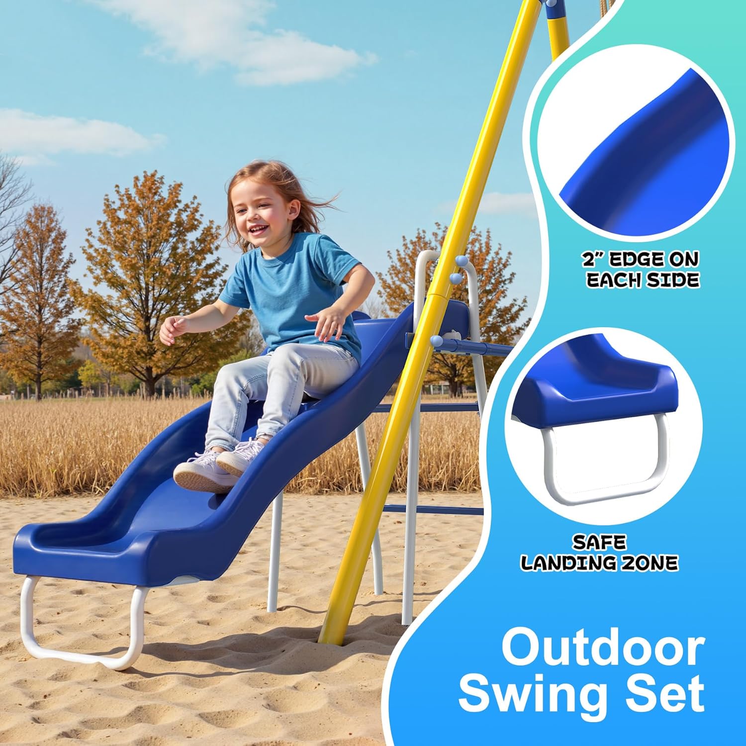 5-in-1 Kids Swing Set Slide, Saucer, Trapeze, Belt Swing and Basketball Hoop, Heavy Duty 600lbs, Metal Swing Sets for Backyard Ages 3-12