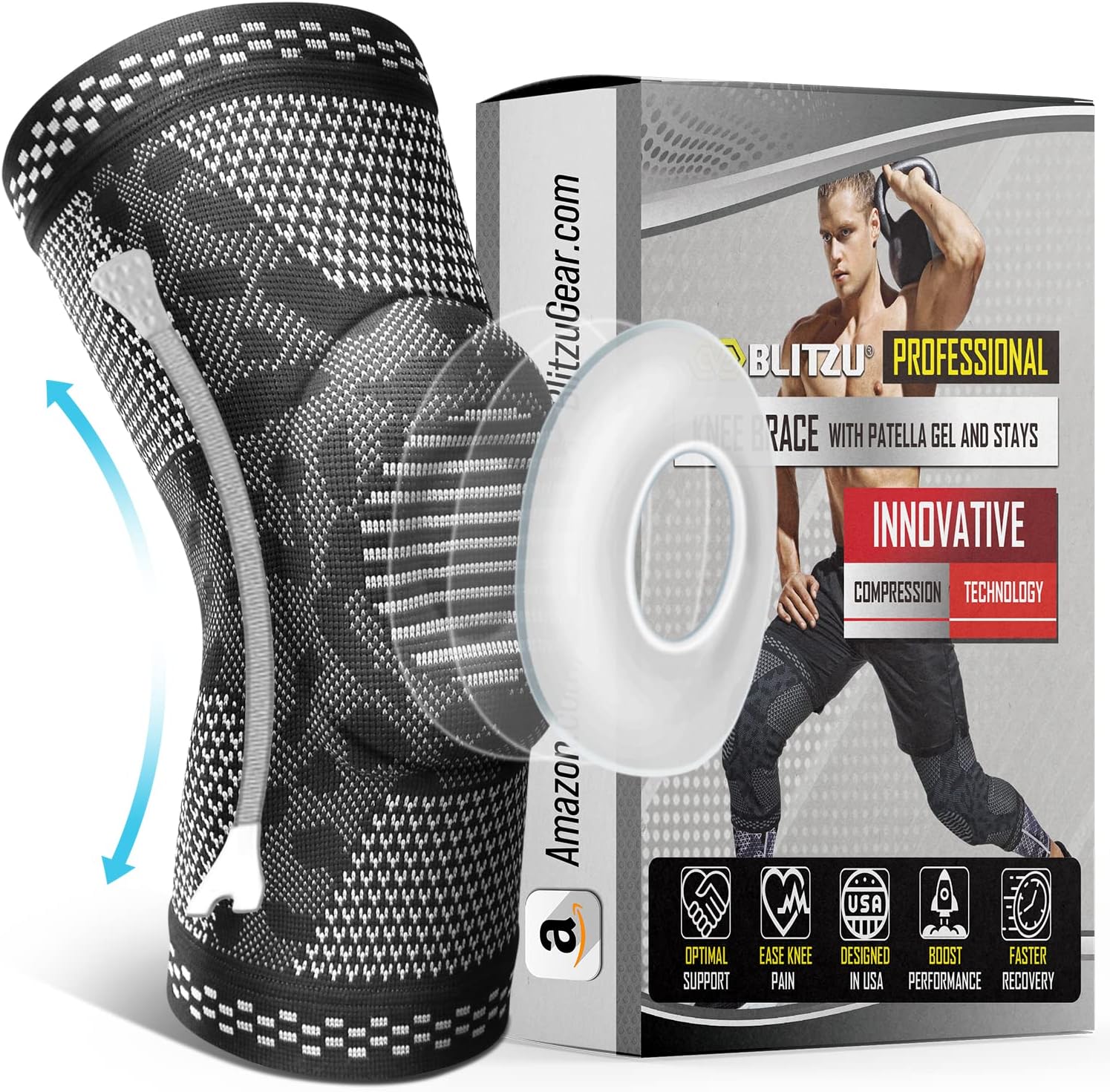BLITZU Knee Brace, Knee Compression Sleeve Support with Patella Gel Pad & Stabilizers, Medical Grade Knee Protector for Running, Meniscus Tear, Arthritis, Joint Pain Relief, ACL, Injury Recovery.