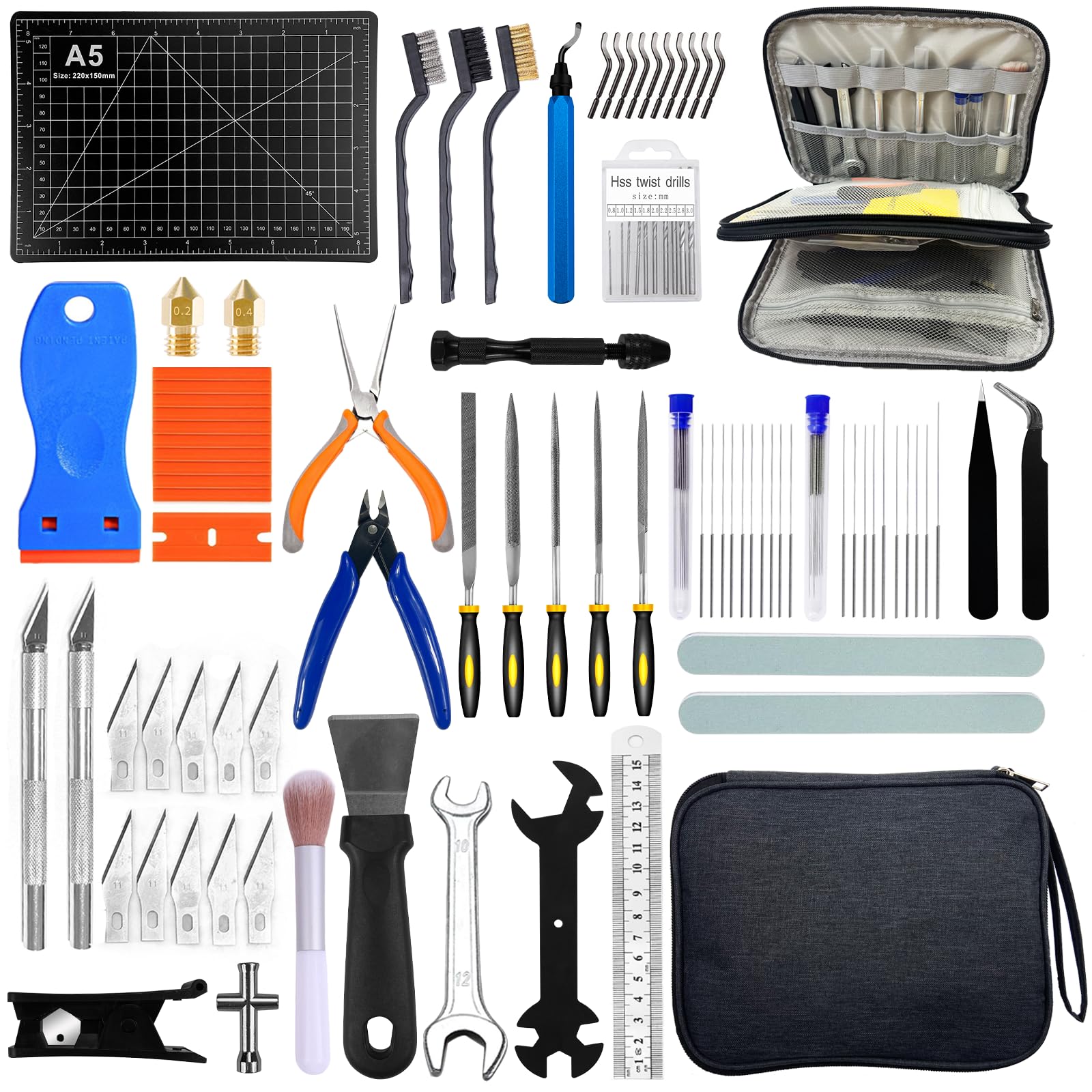 Kit de 91 herramientas de impresora 3D, juego de herramientas de impresión 3D con boquilla de limpieza, extracción, desbarbado, herramientas de acabado, kit completo de herramientas de