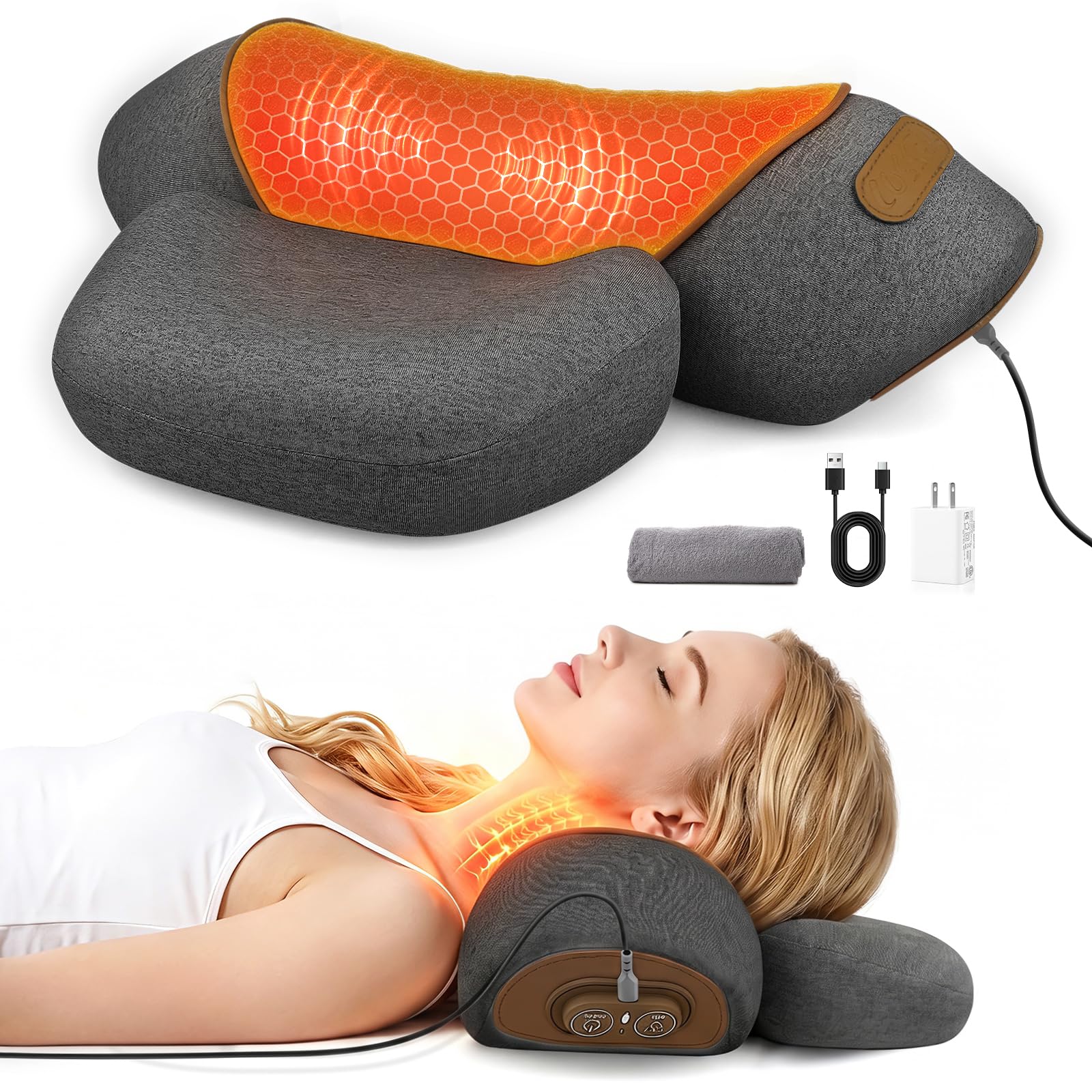 3-in-1 Nackenmassagegerät Kissen mit Wärme & Traktion, Tiefengewebe Zervikale Traktionsgerät für Nacken-Buckel-Korrektor, Schulter- & Oberer Rücken Schmerzlinderung, Entspannende TheraPillow