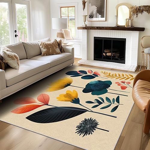 Large Retro Leaf Rugs for Living Room Washable, 7x7 Area Rug with 70s 80s Floral Print, Ultra Thin Soft Bedroom Rug, Retro Leaf Home Decor Indoor