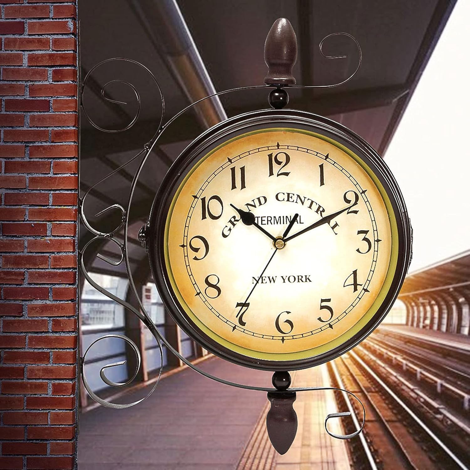 Horloge murale rotative double face rétro en fer forgé - Étanche - Nostalgie noire - Pour gare, salon, porche, couloir, jardin