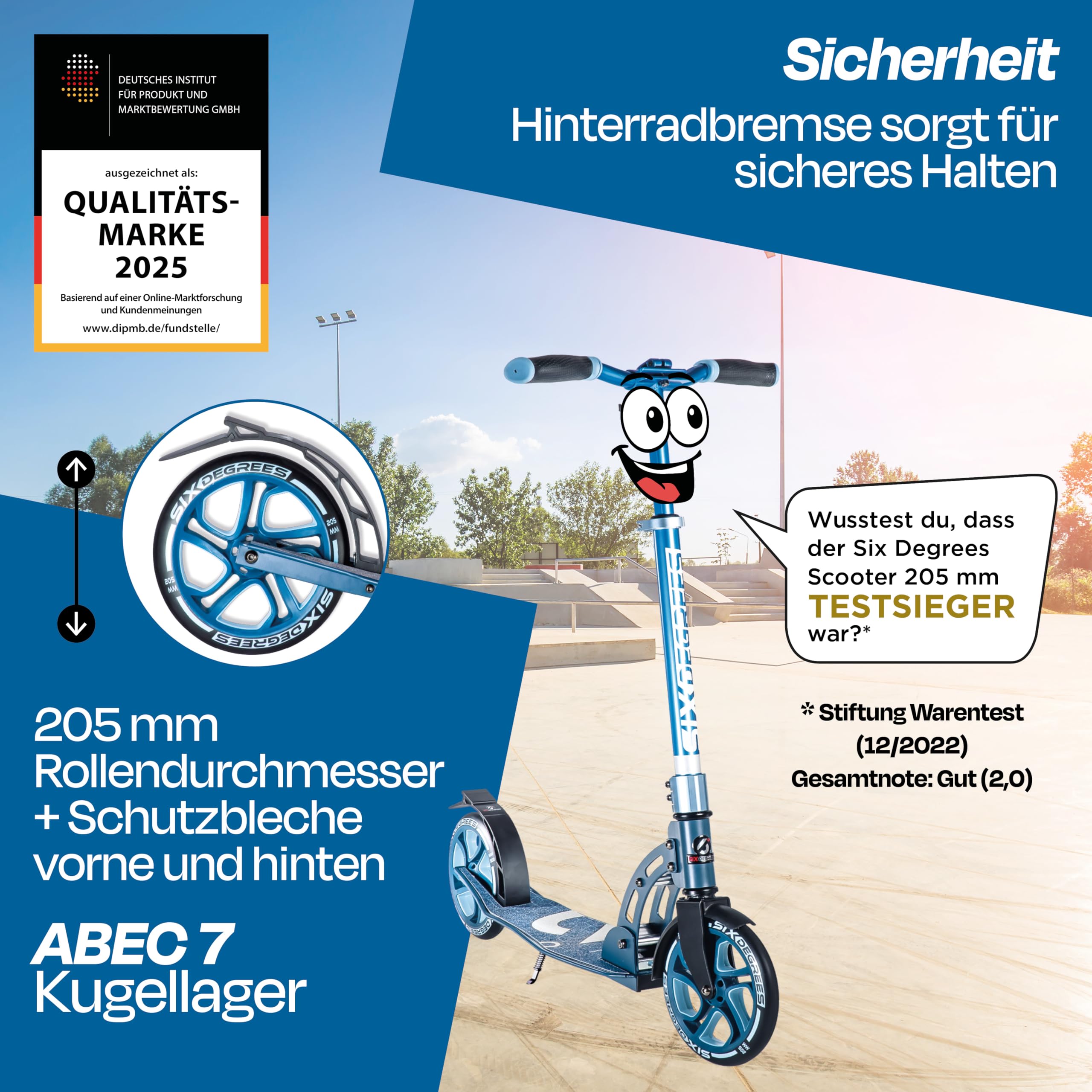 Six Degrees Aluminium Scooter mit Klappmechanismus, Ständer, 205 mm TESTSIEGER, ABEC 7, höhenverstellbar, GS-geprüft