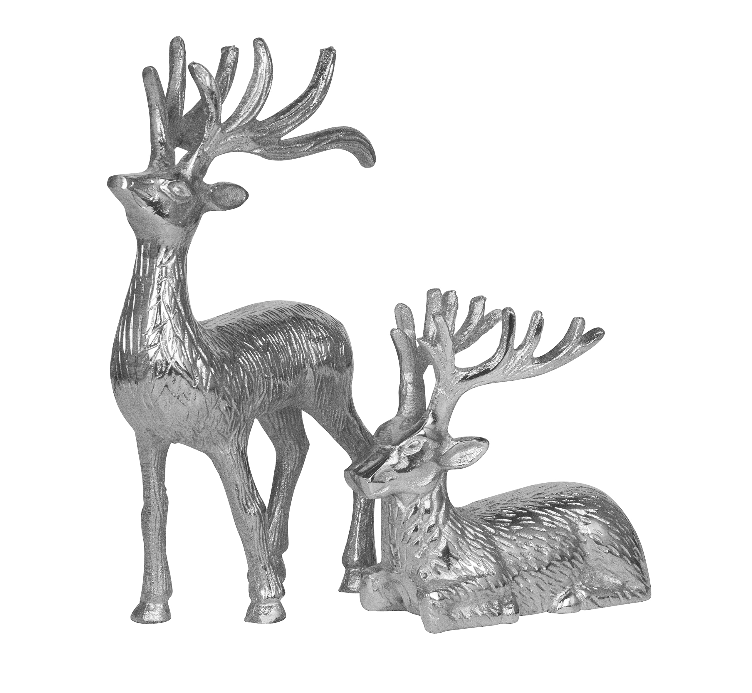 MichaelNoll Hirsch 2er Set - Stehend & Liegend - Rentier Aluminium Metall Silber - Figur Statue Dekofigur - Deko für Wohnzimmer, Küche, Schlafzimmer - Weihnachten Winter - Hirschgeweih Dekoration