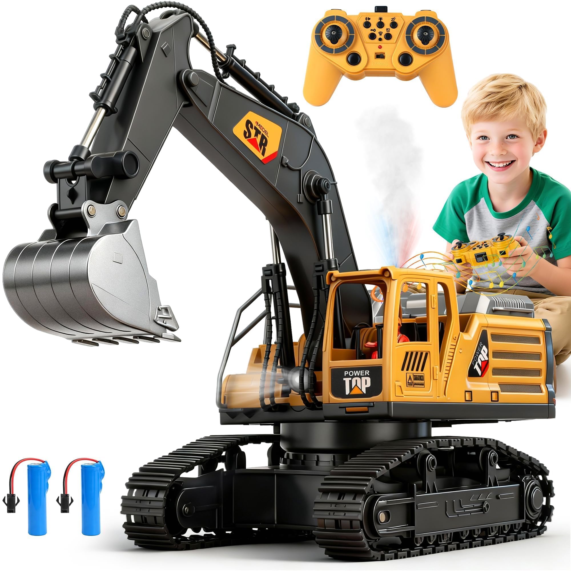 Excavadora Teledirigido para Niños - RC 2,4 GHz Juguete Excavadora con Luz Humo y Sonido, Juguete Construcción Regalo Cumpleaños para Niños de 3 4 5 6 7 8 años